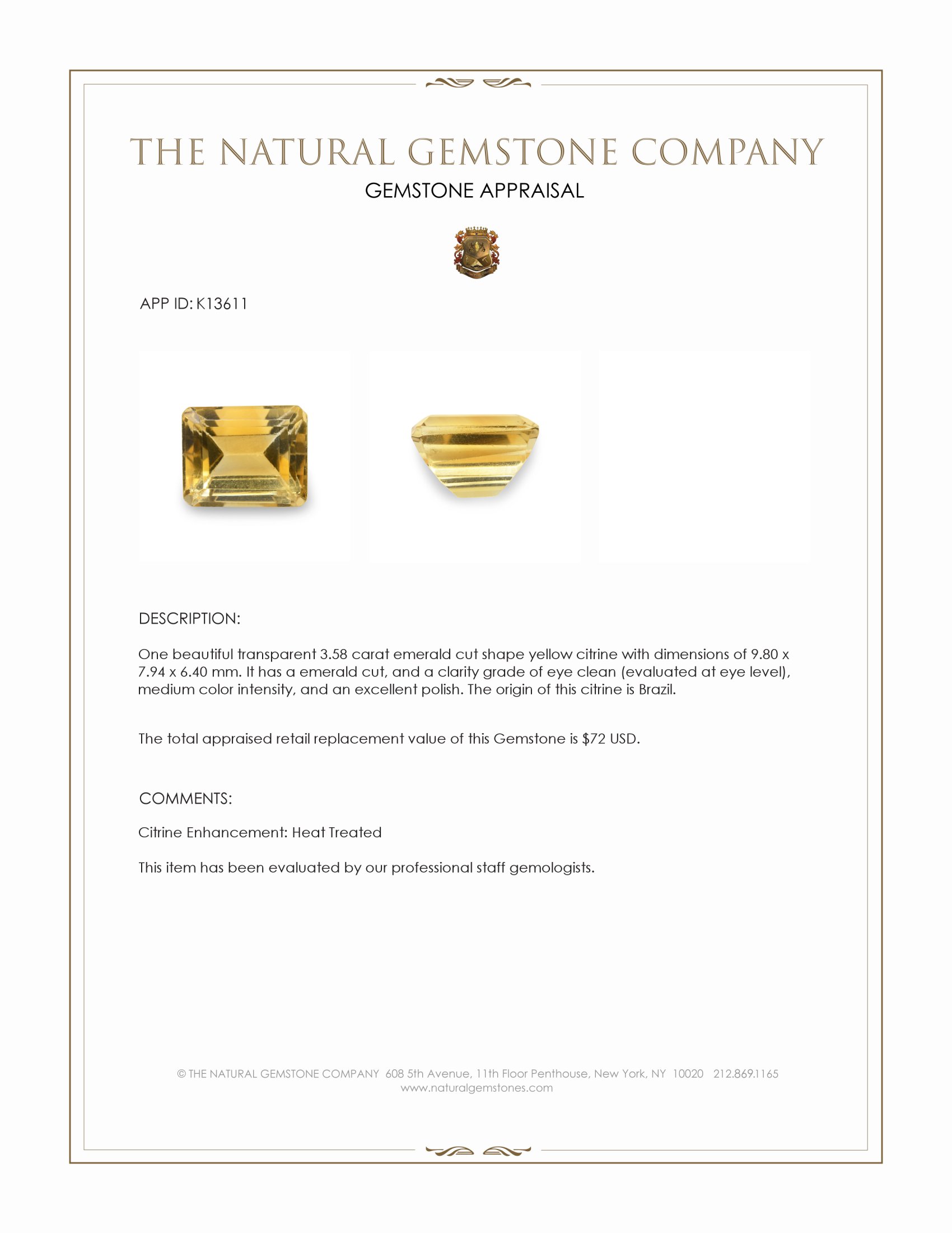 3.58 Ct. Yellow Citrine from Brazil