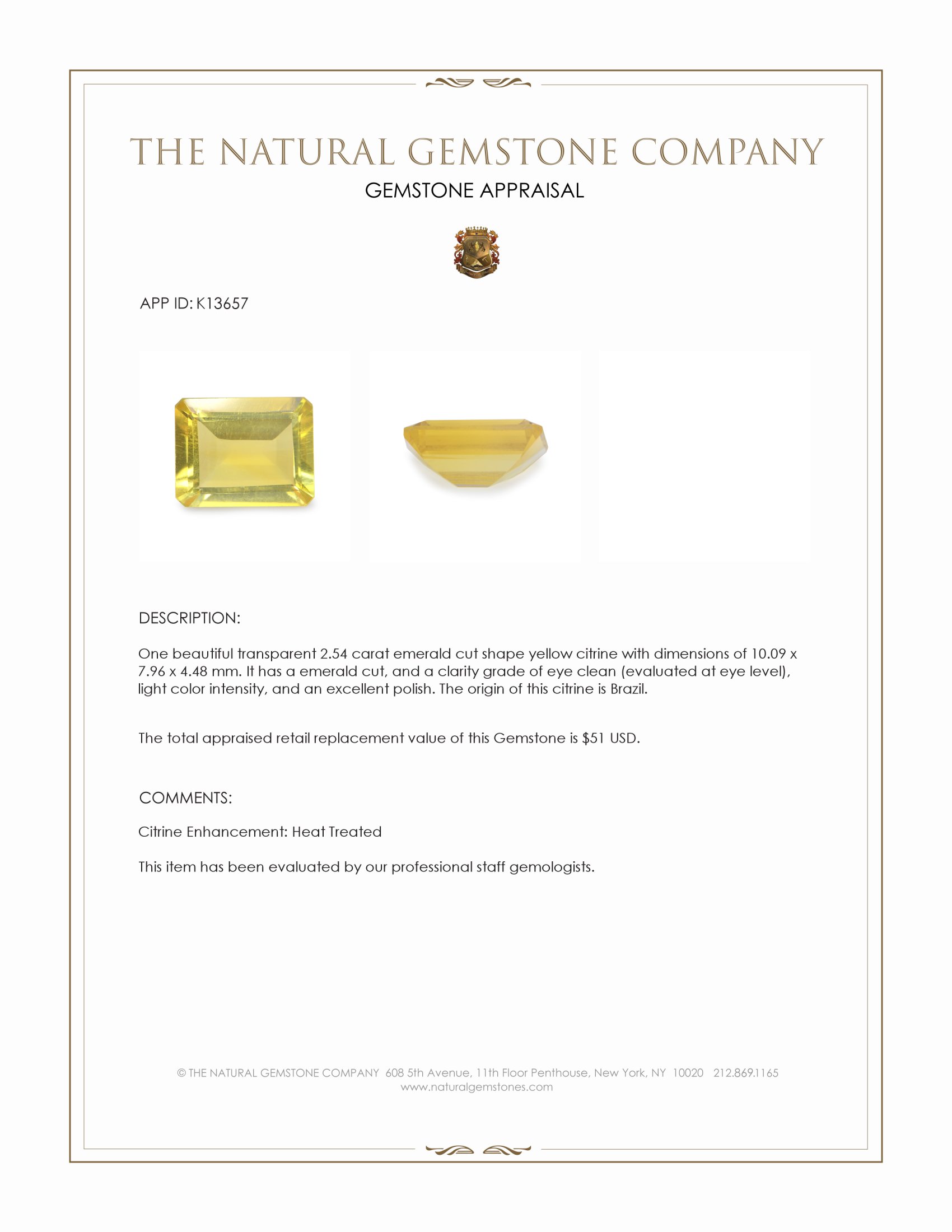 2.54 Ct. Yellow Citrine from Brazil