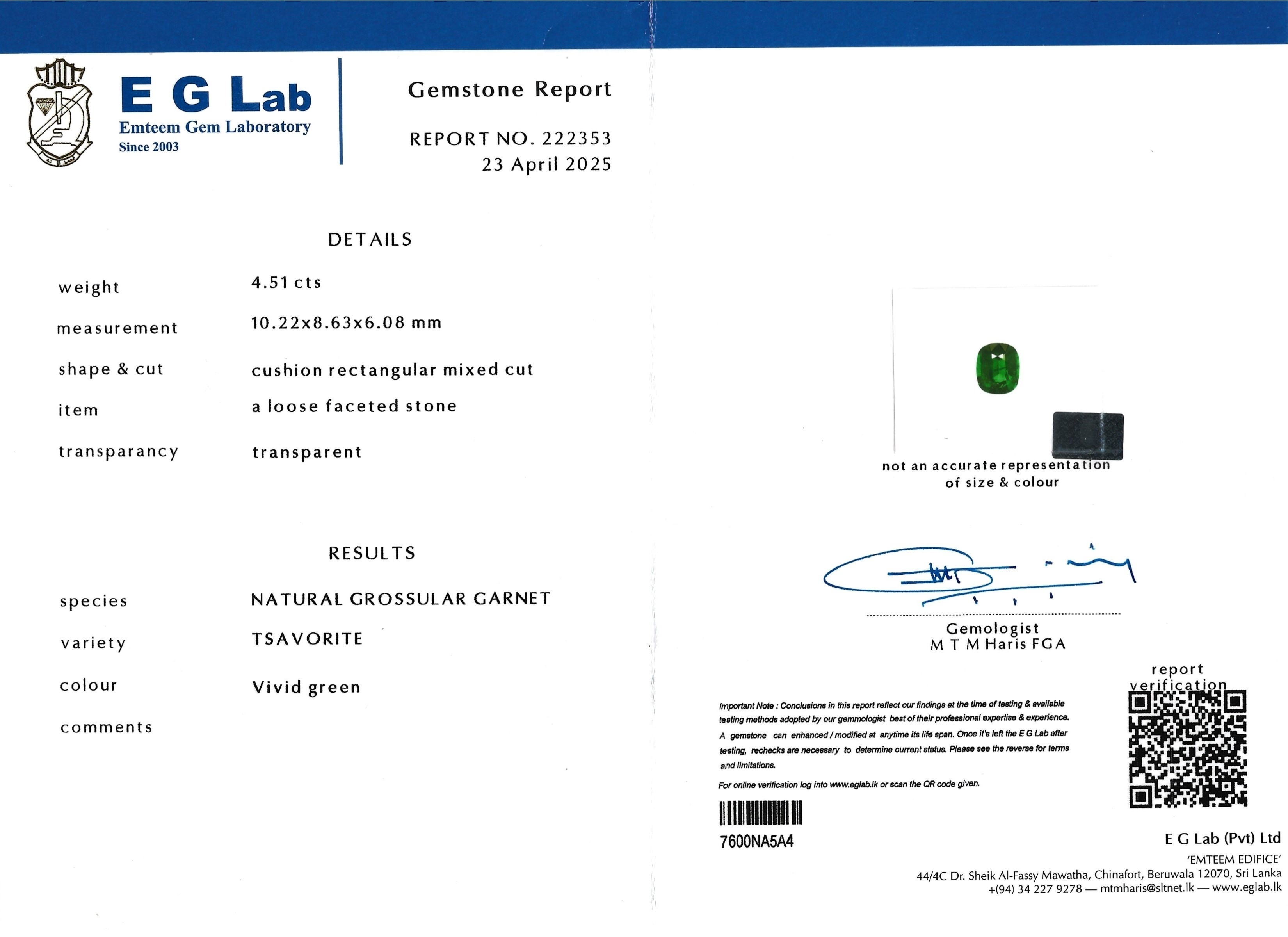 4.51 Ct. Tsavorite Garnet from Madagascar