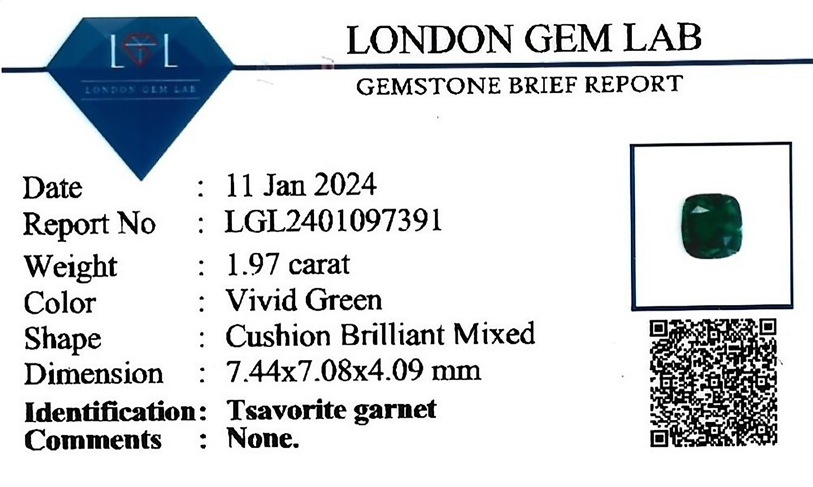 1.97 Ct. Tsavorite Garnet from Madagascar