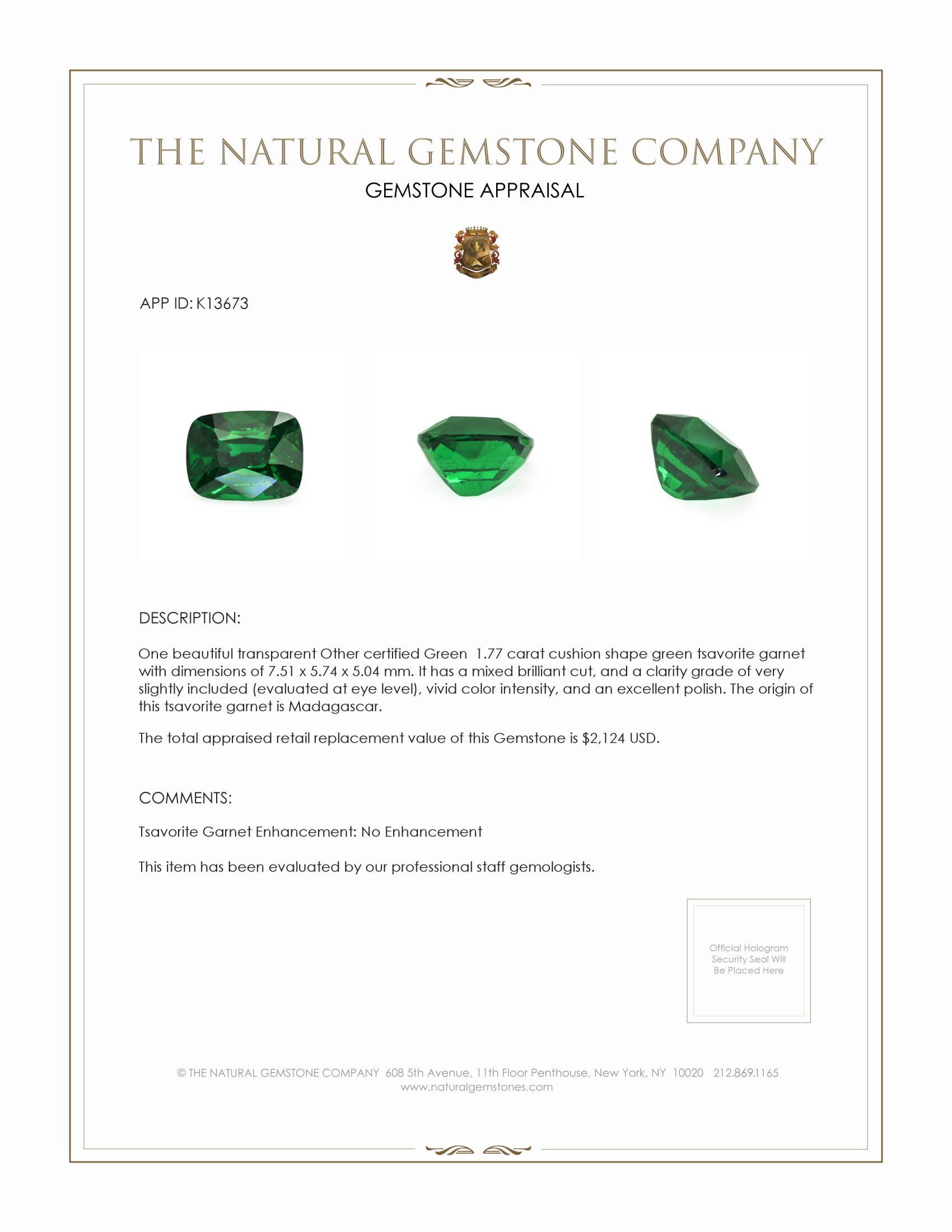 1.77 Ct. Tsavorite Garnet from Madagascar