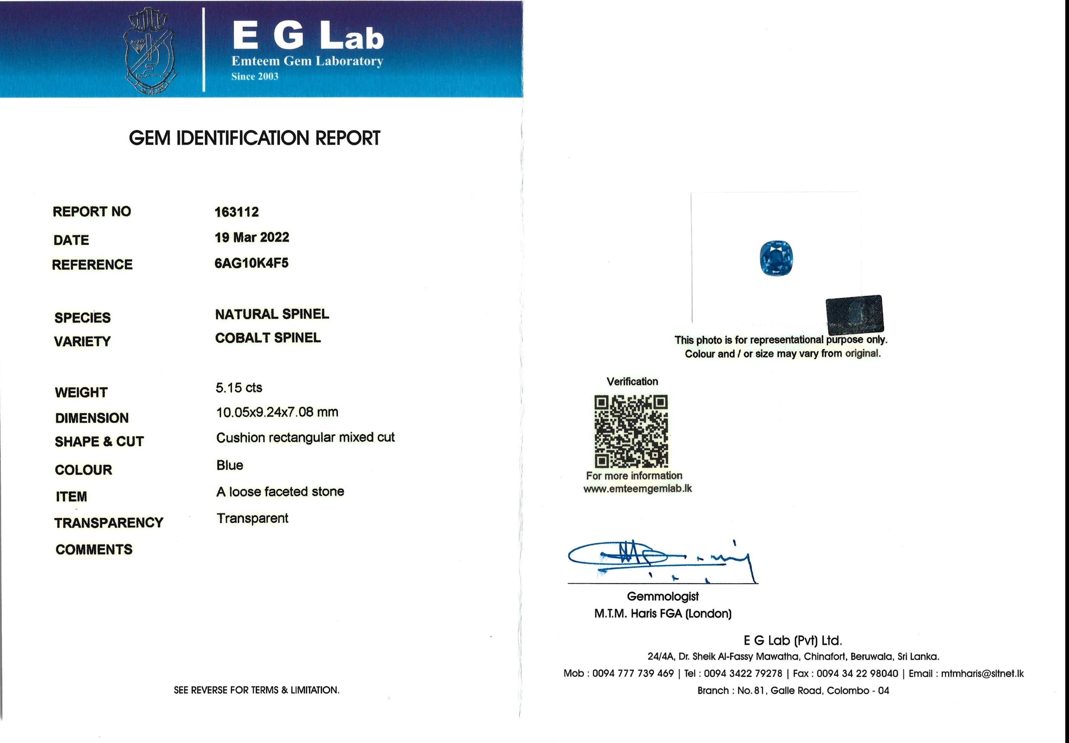 5.15 Ct. Cobalt Spinel from Ceylon (Sri Lanka)