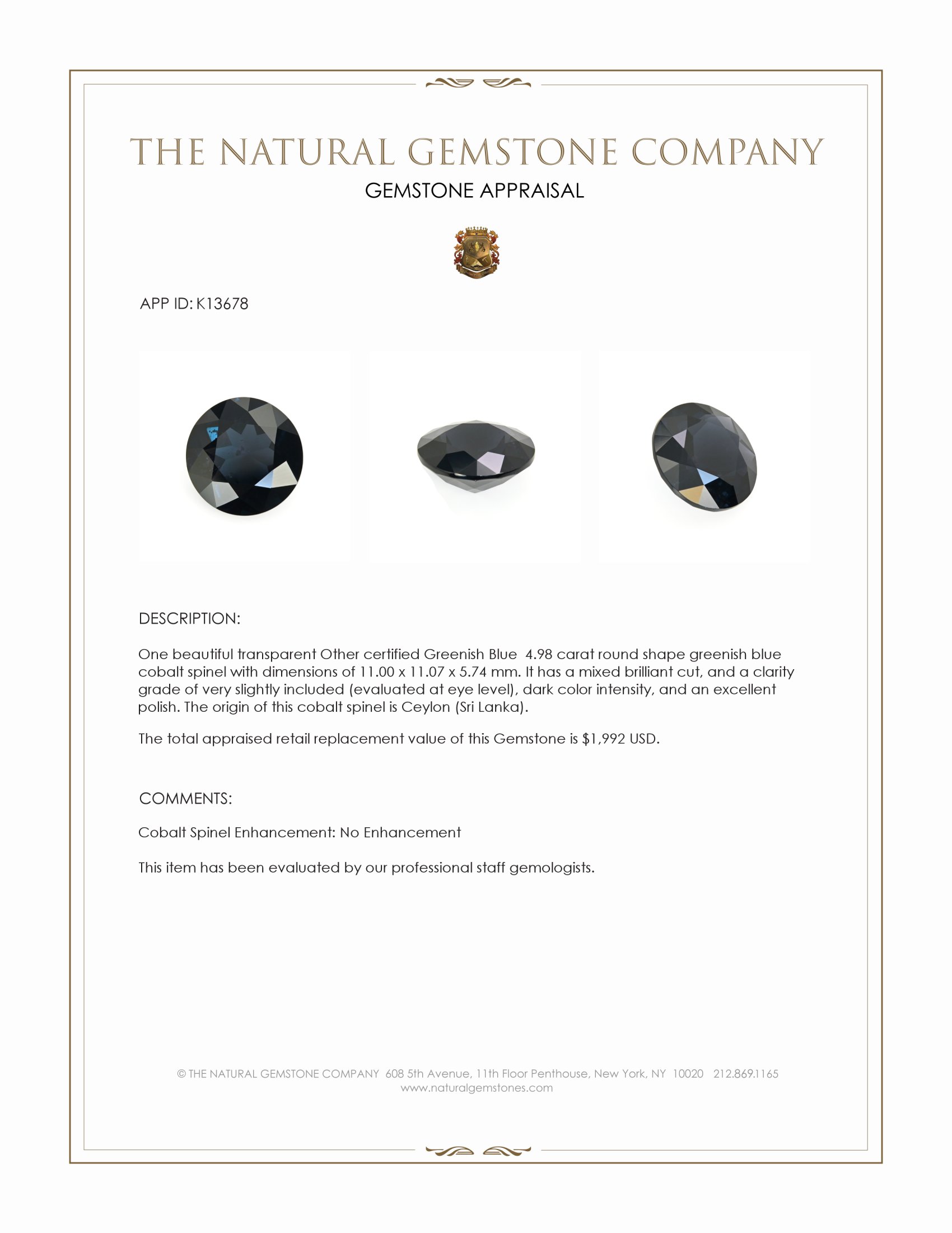 4.98 Ct. Greenish Blue Cobalt Spinel from Ceylon (Sri Lanka)
