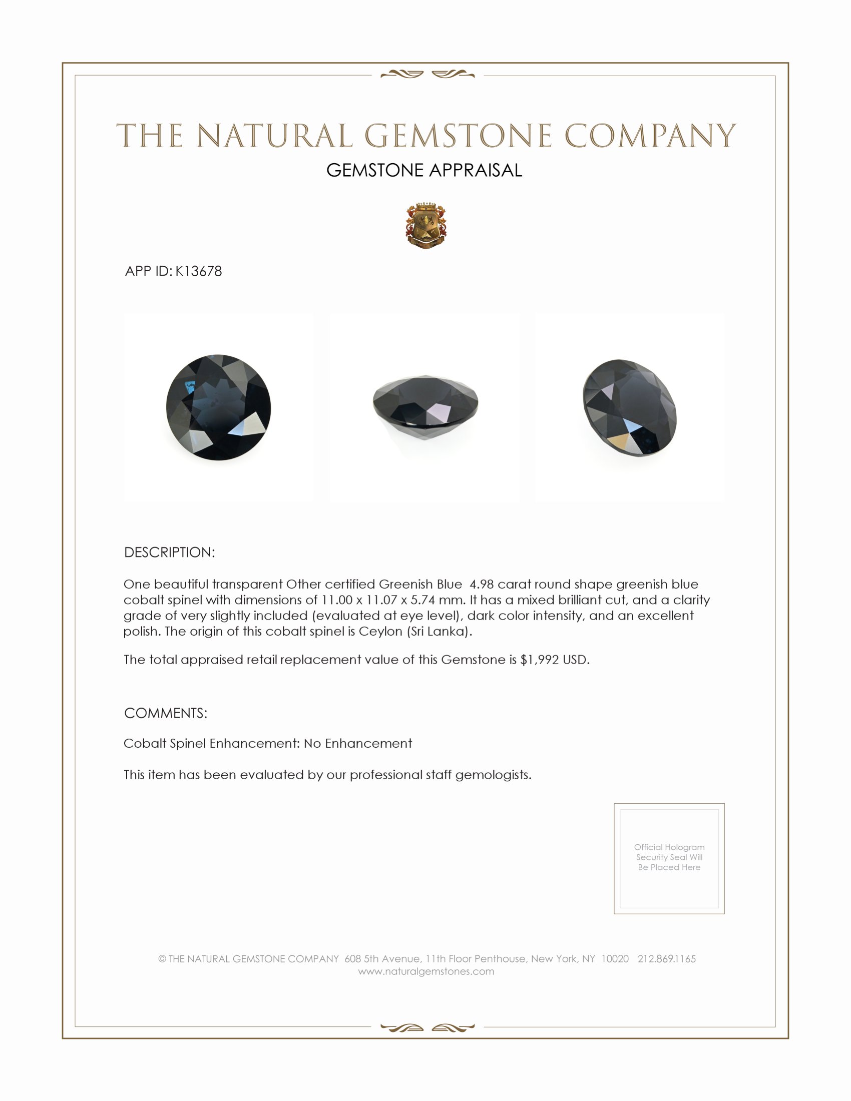 4.98 Ct. Cobalt Spinel from Ceylon (Sri Lanka)