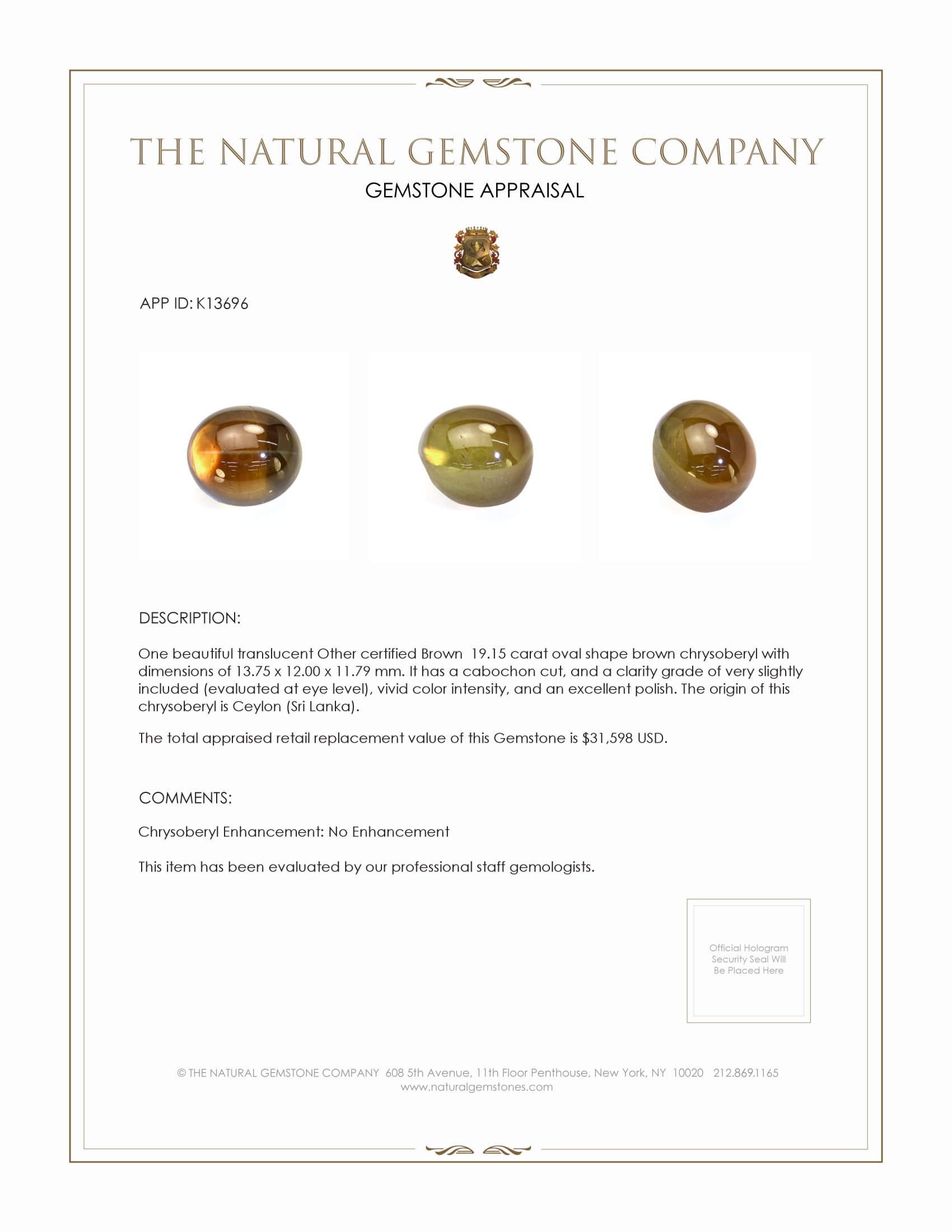 19.15 Ct. Cabochon Chrysoberyl from Ceylon (Sri Lanka)