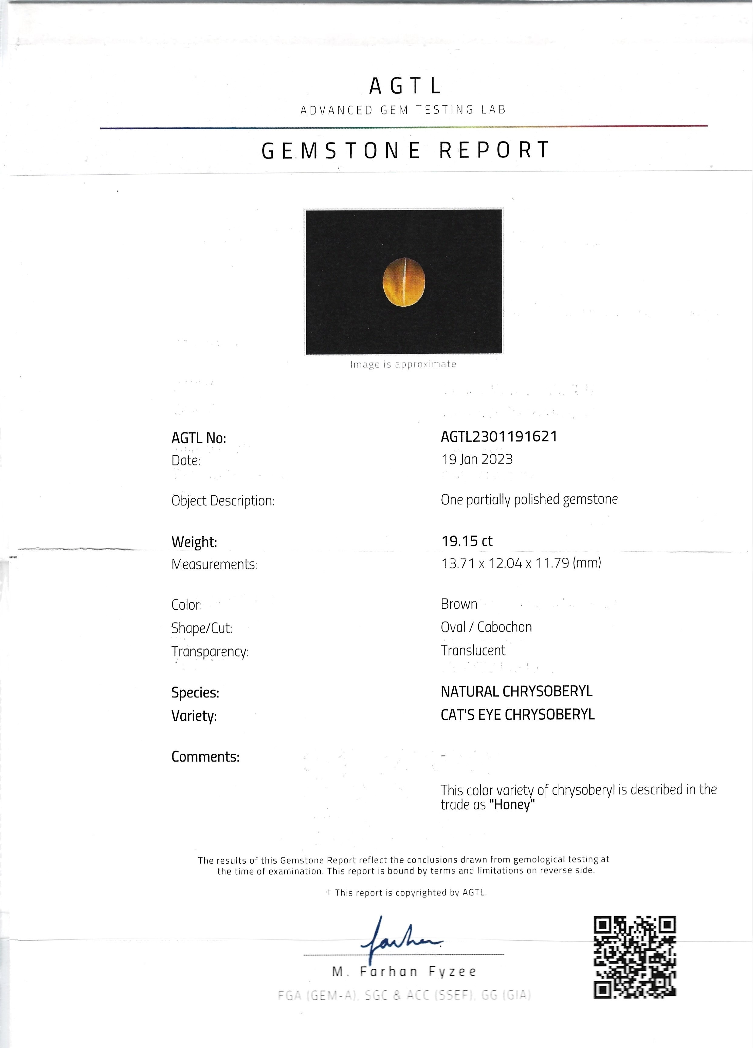 19.15 Ct. Cabochon Chrysoberyl from Ceylon (Sri Lanka)