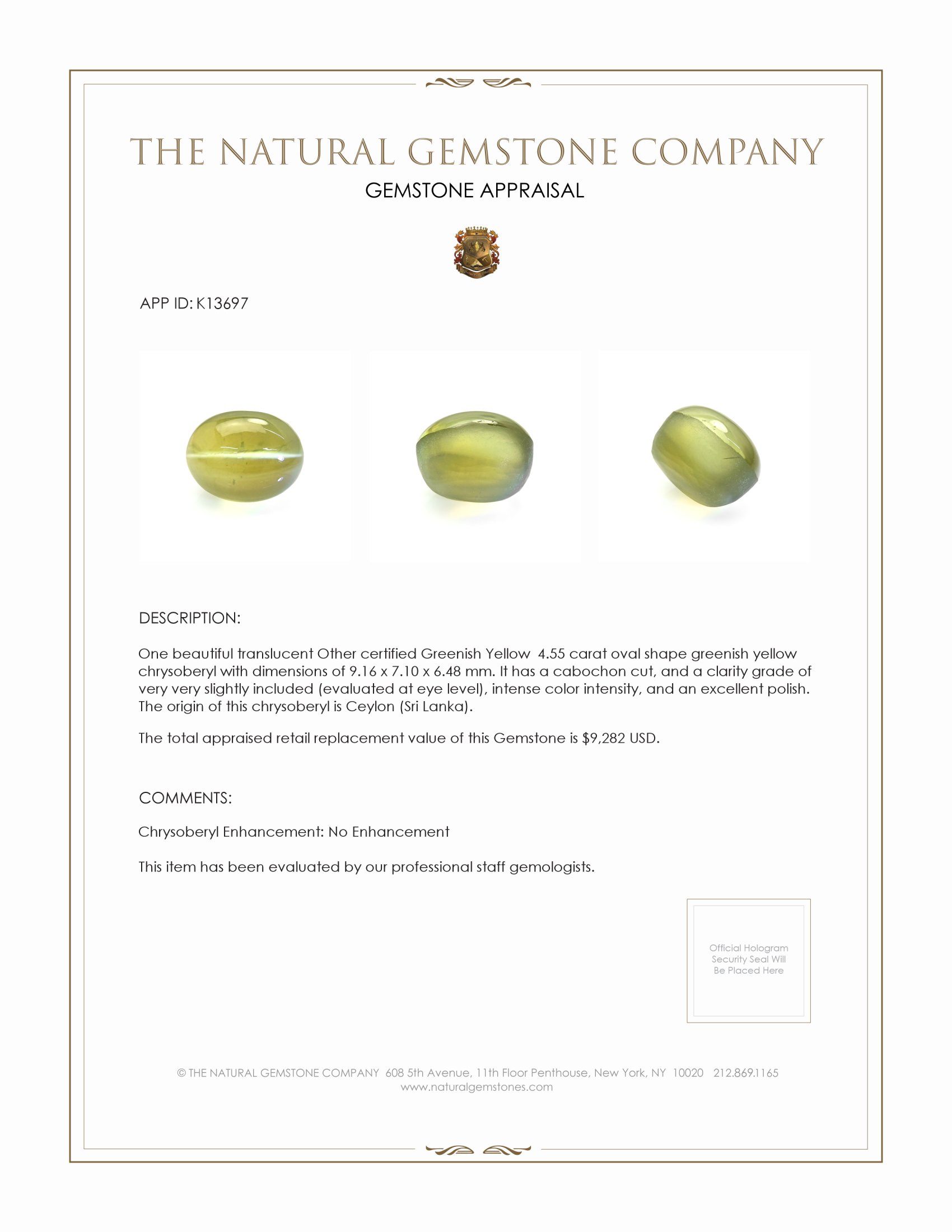 4.55 Ct. Cabochon Chrysoberyl from Ceylon (Sri Lanka)