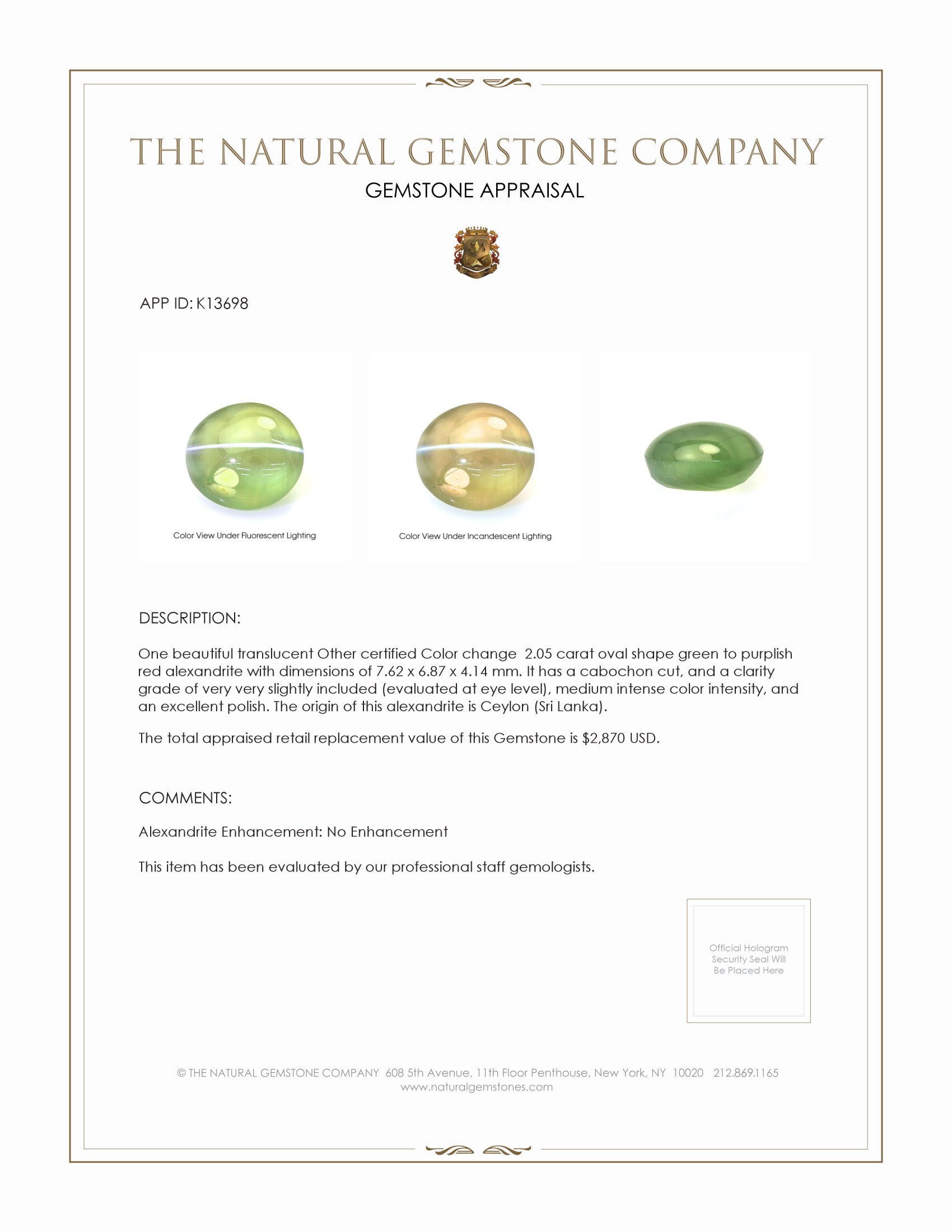 2.05 Ct. Cabochon Alexandrite from Ceylon (Sri Lanka)