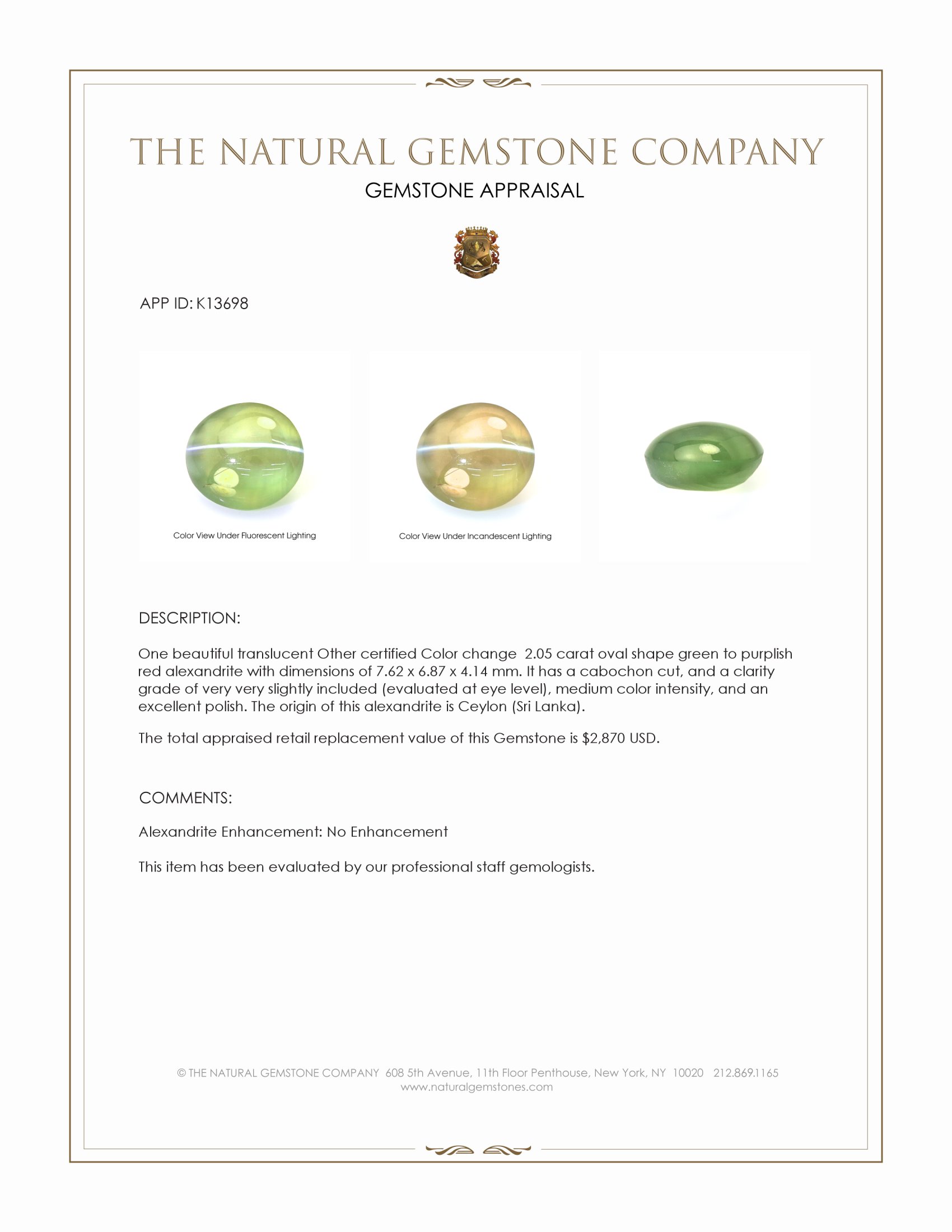 2.05 Ct. Cabochon Alexandrite from Ceylon (Sri Lanka)