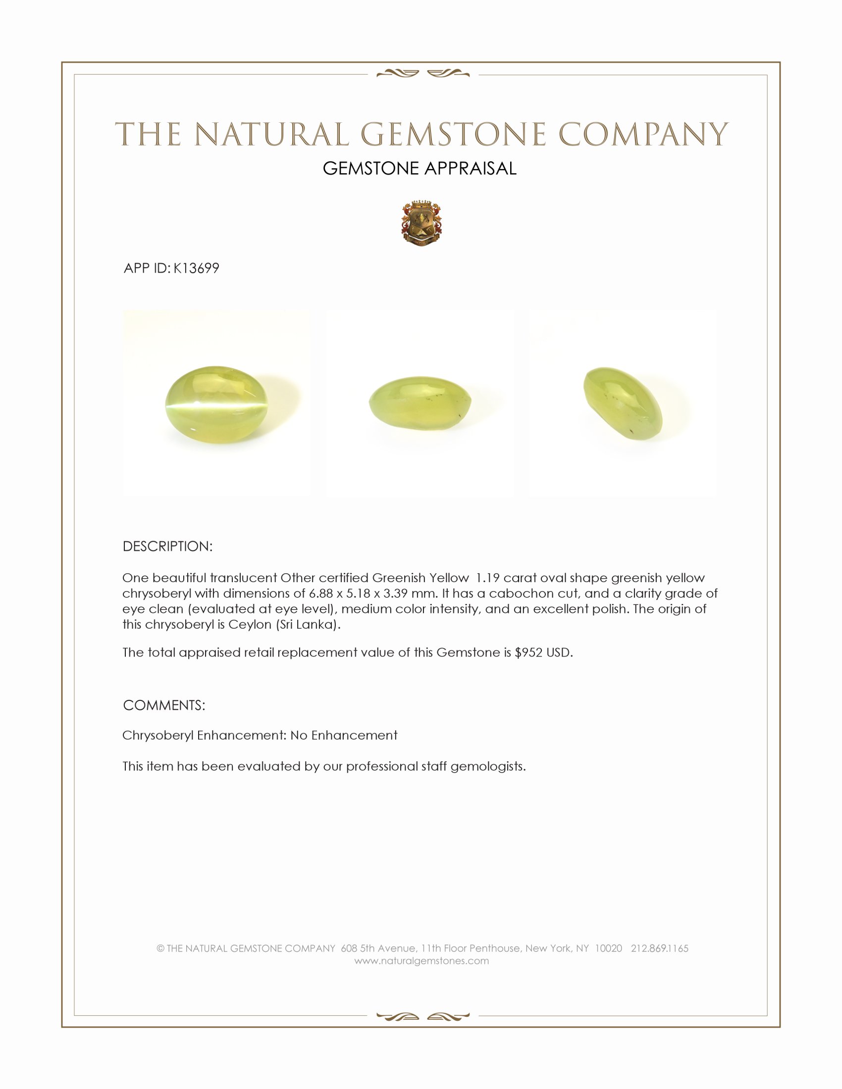 1.19 Ct. Cabochon Chrysoberyl from Ceylon (Sri Lanka)