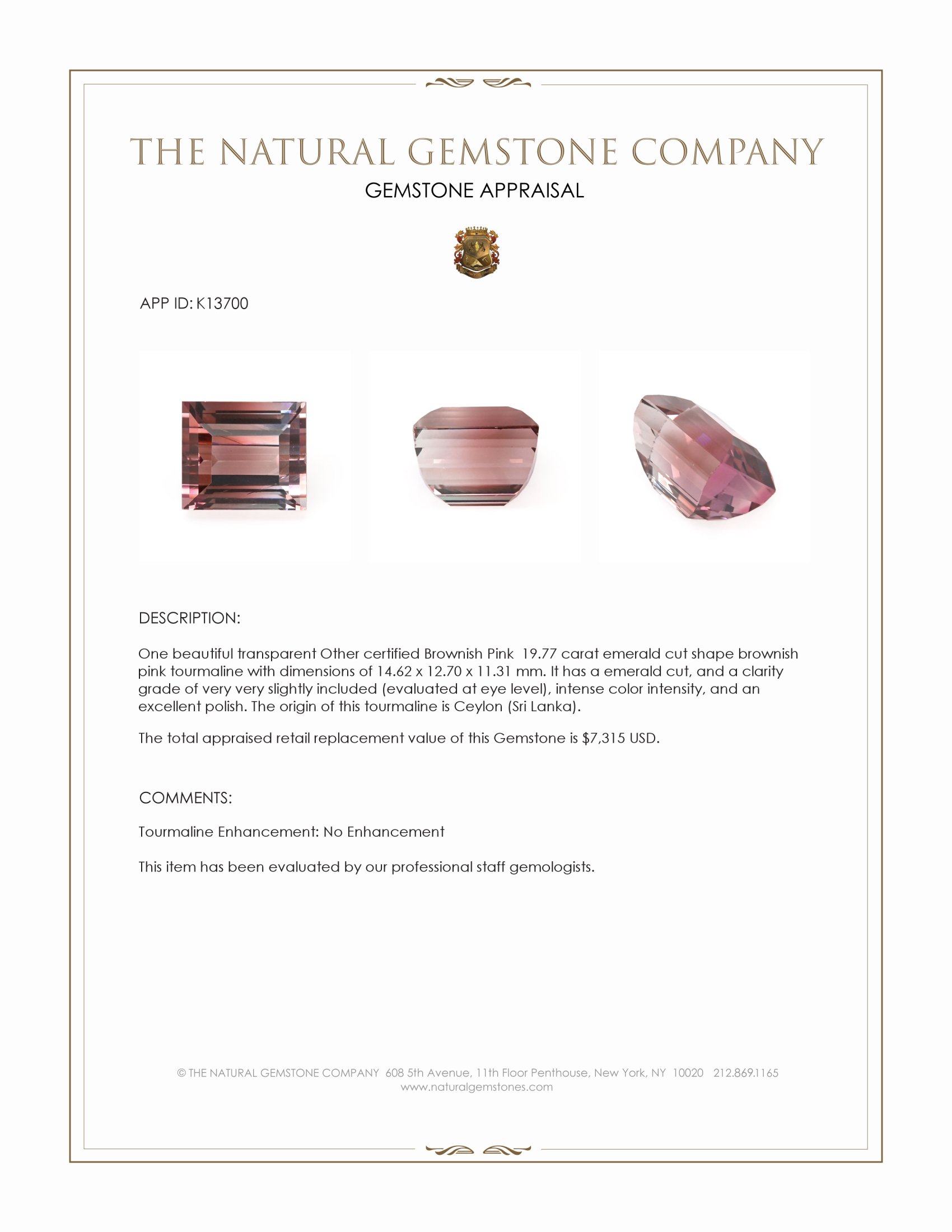 19.77 Ct. Brownish Pink Tourmaline from Ceylon (Sri Lanka)