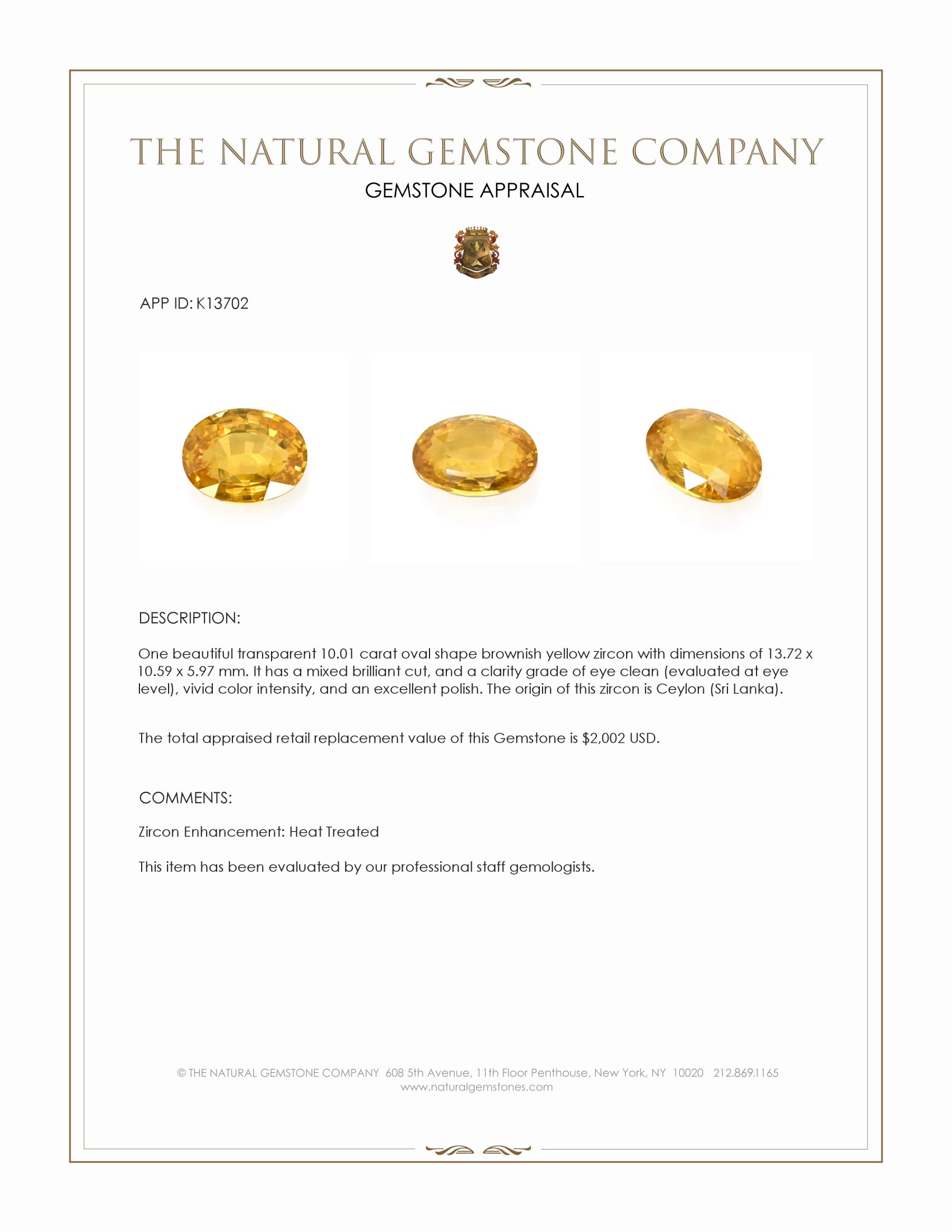 10.01 Ct. Brownish Yellow Zircon from Ceylon (Sri Lanka)