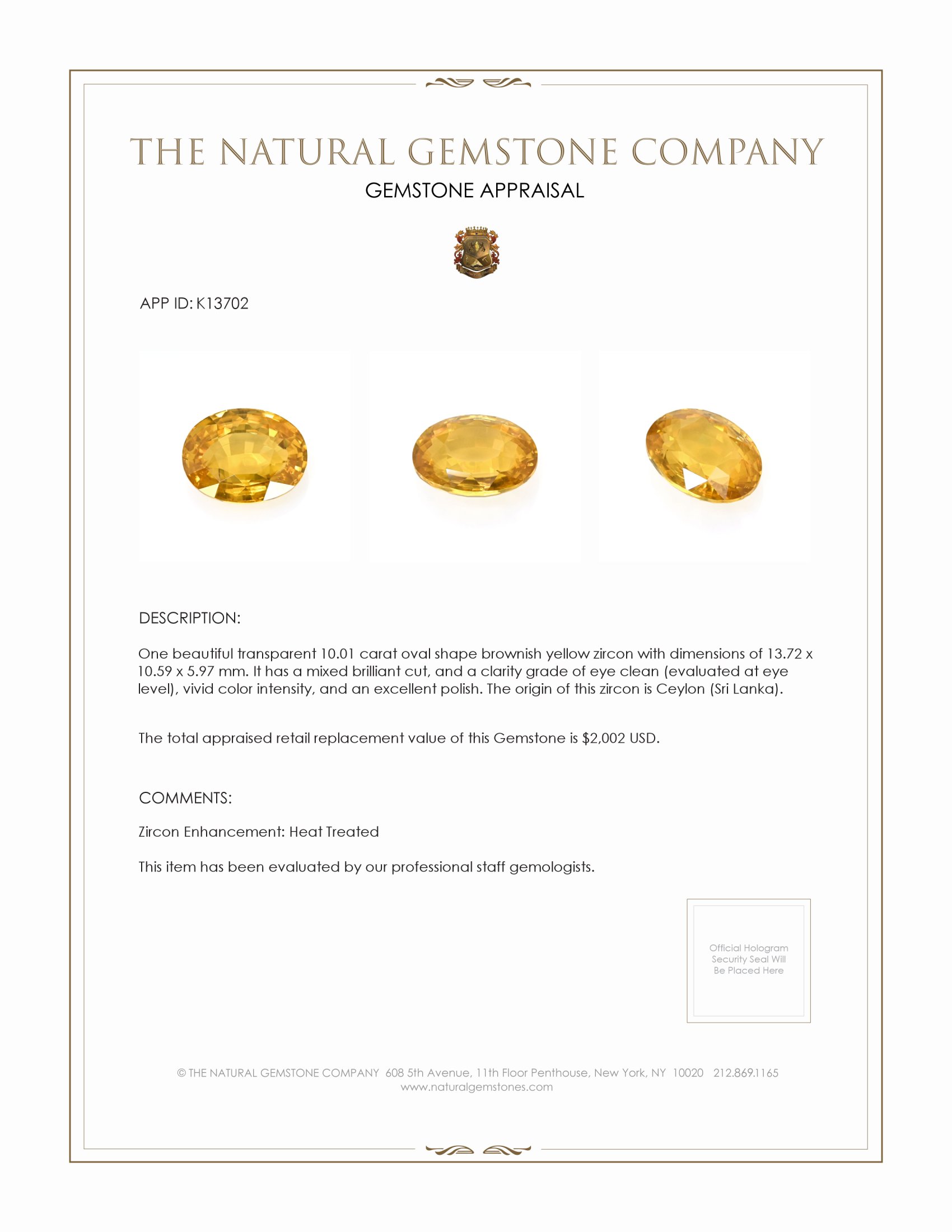 10.01 Ct. Zircon from Ceylon (Sri Lanka)