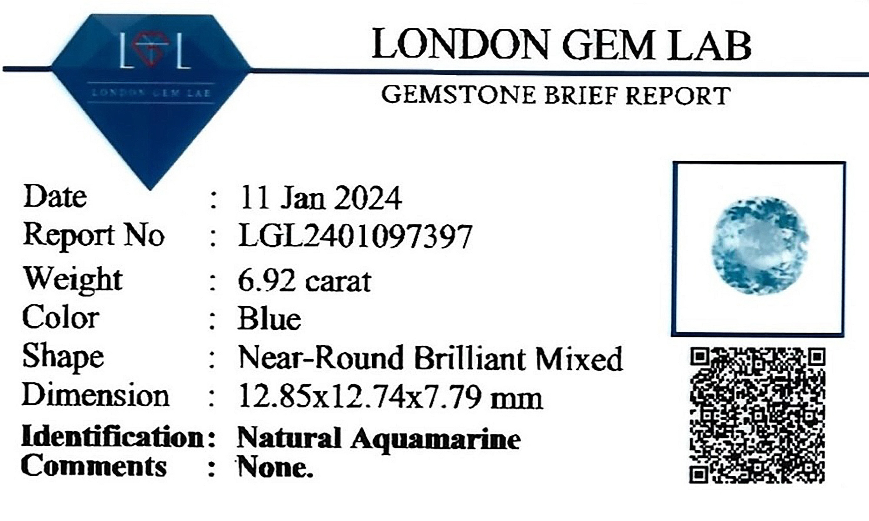 6.92 Ct. Aquamarine from Ceylon (Sri Lanka)