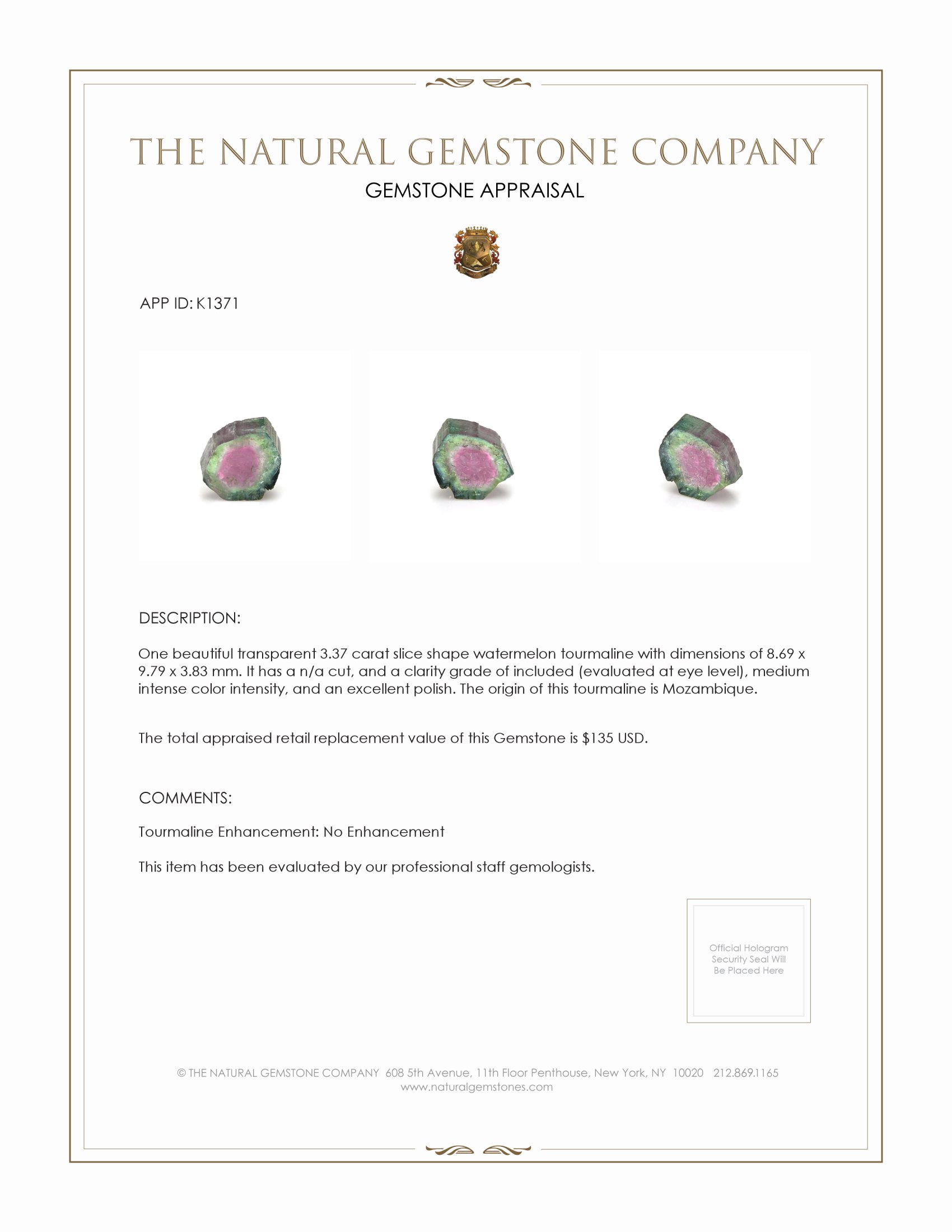 3.37 Ct. Tourmaline from Mozambique