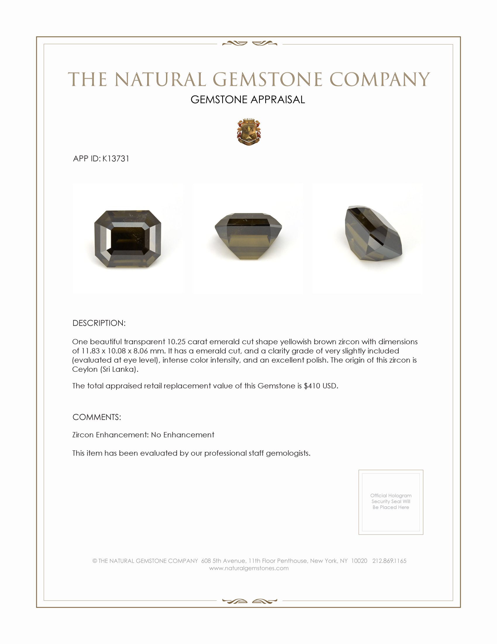 10.25 Ct. Yellowish Brown Zircon from Ceylon (Sri Lanka)