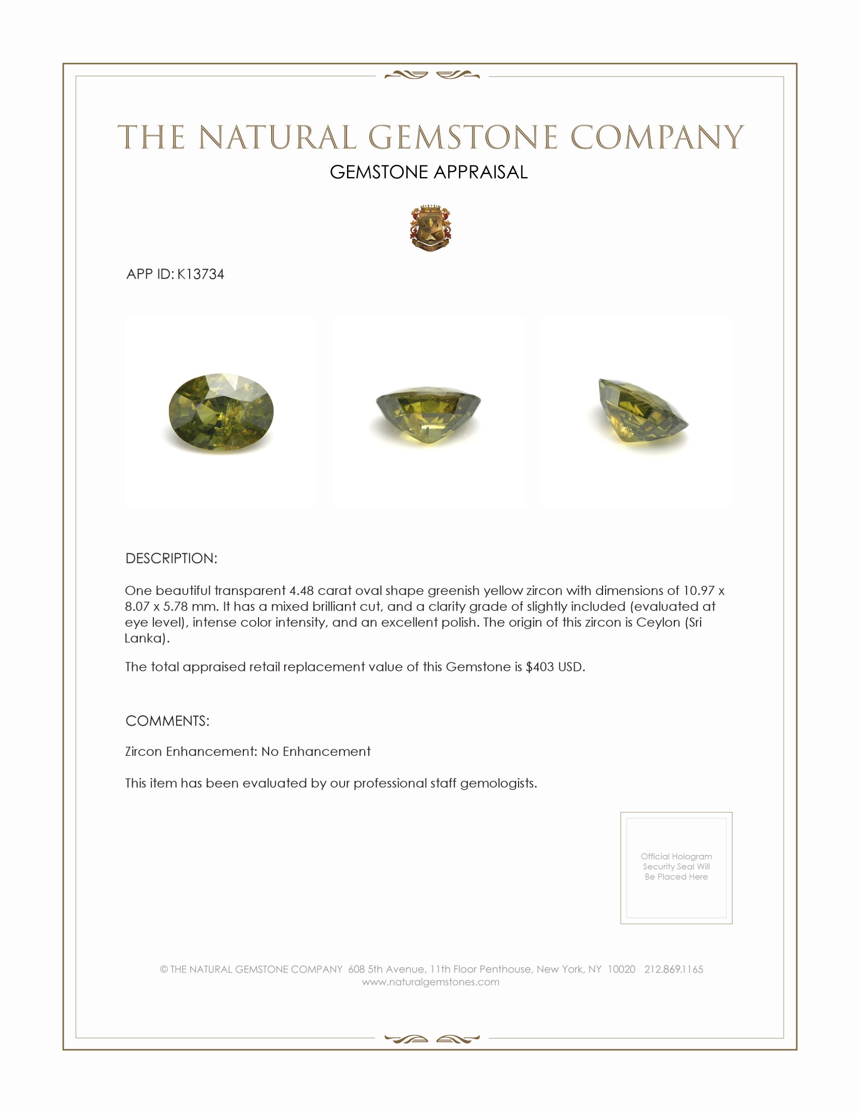 4.48 Ct. Greenish Yellow Zircon from Ceylon (Sri Lanka)