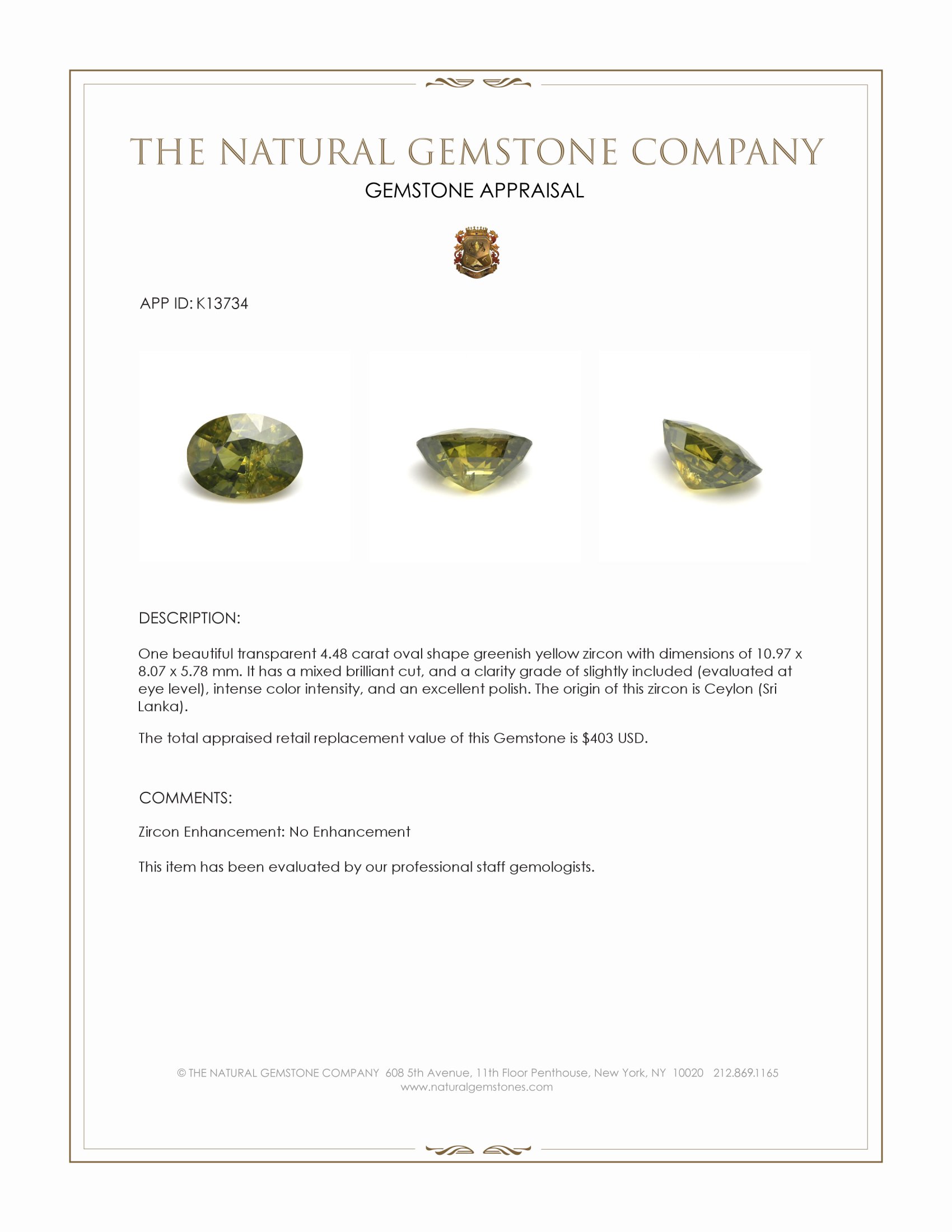 4.48 Ct. Greenish Yellow Zircon from Ceylon (Sri Lanka)