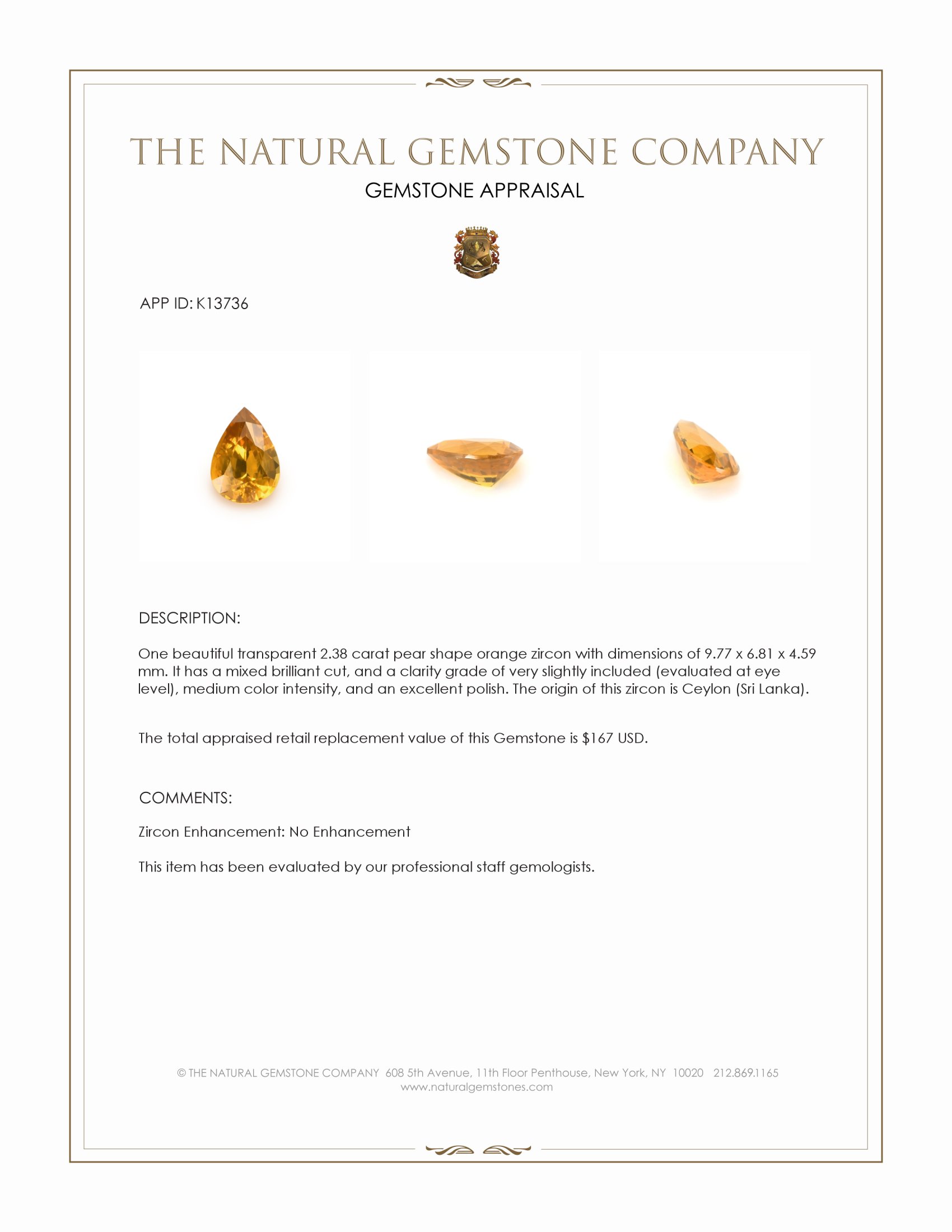 2.38 Ct. Zircon from Ceylon (Sri Lanka)