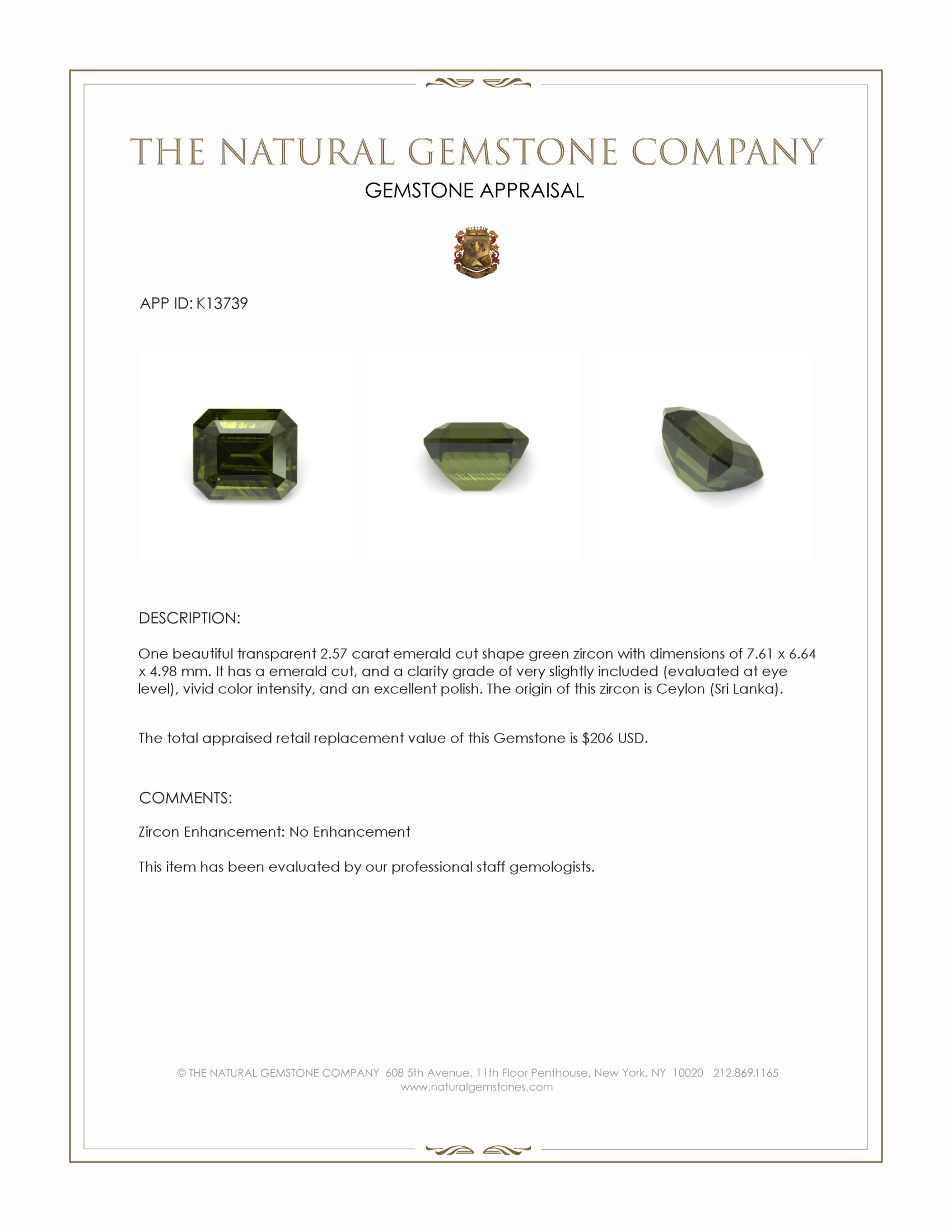 2.57 Ct. Green Zircon from Ceylon (Sri Lanka)