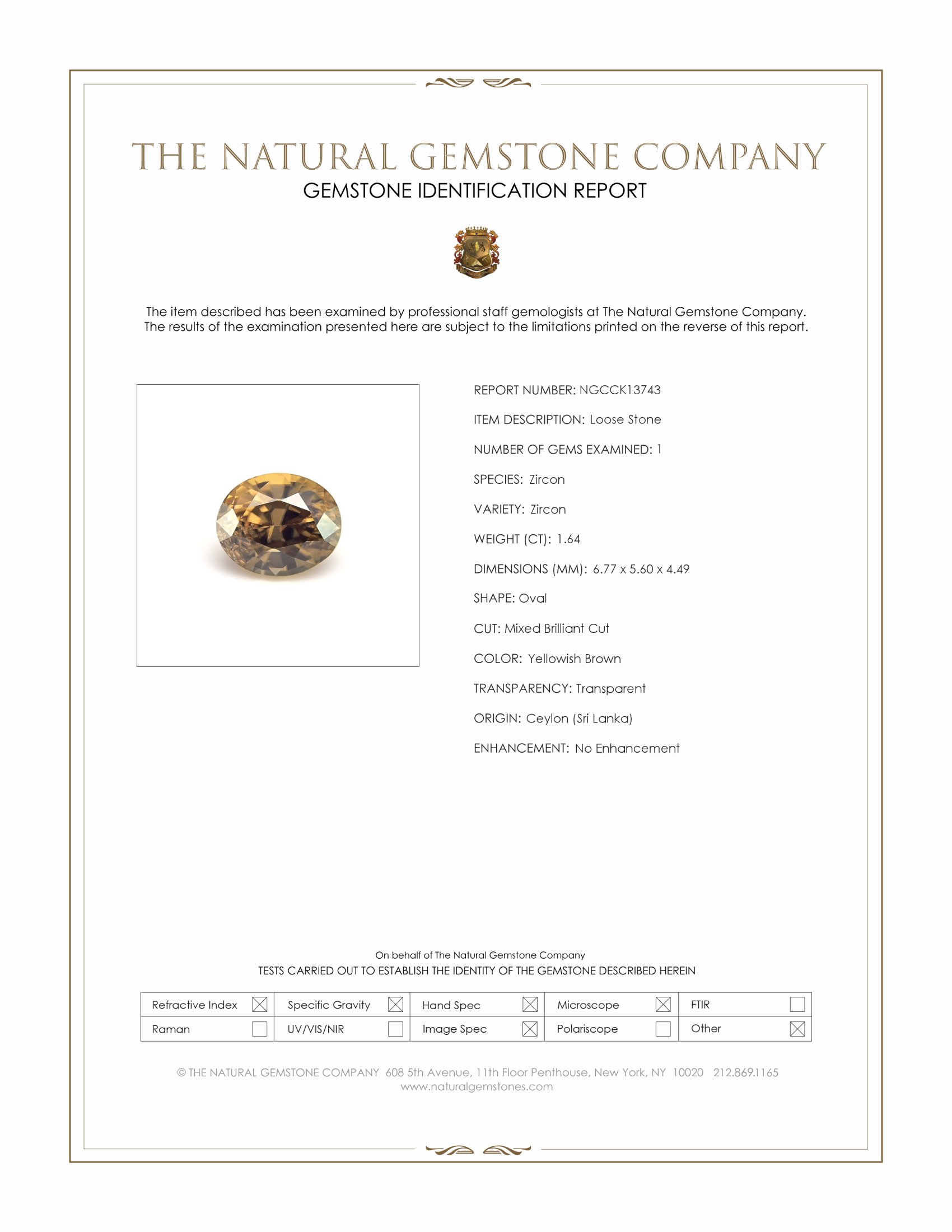1.64 Ct. Yellowish Brown Zircon from Ceylon (Sri Lanka)