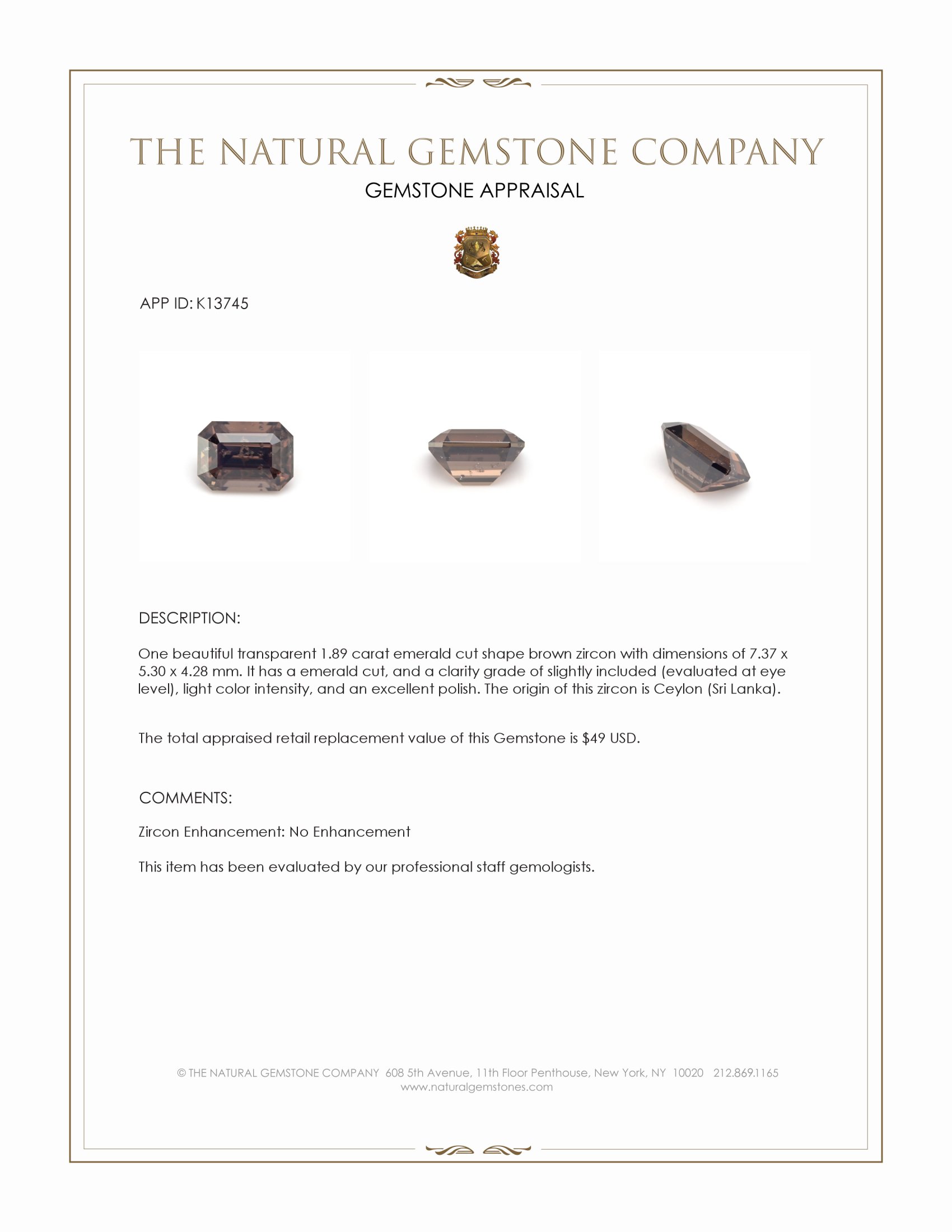 1.89 Ct. Brown Zircon from Ceylon (Sri Lanka)