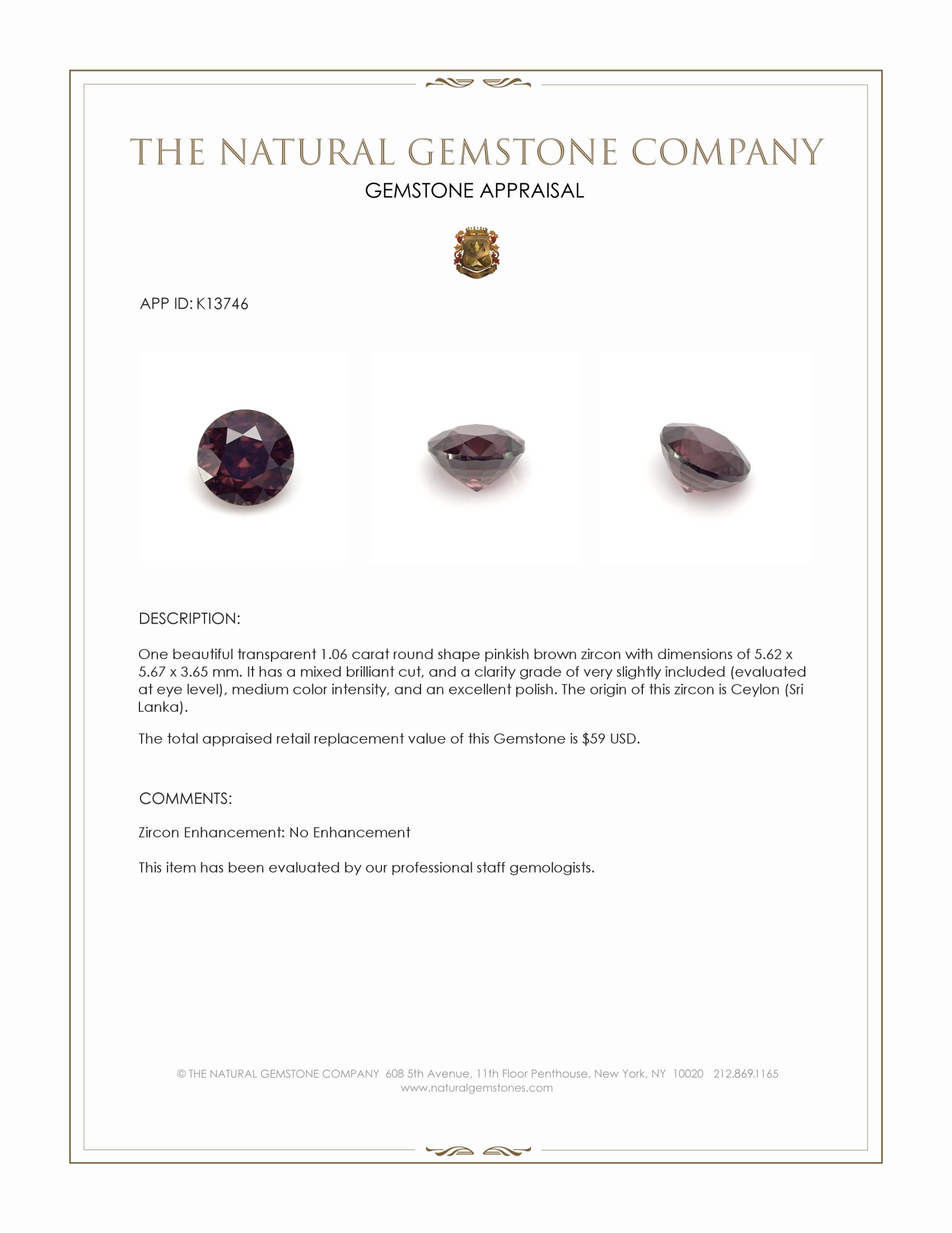 1.06 Ct. Pinkish Brown Zircon from Ceylon (Sri Lanka)