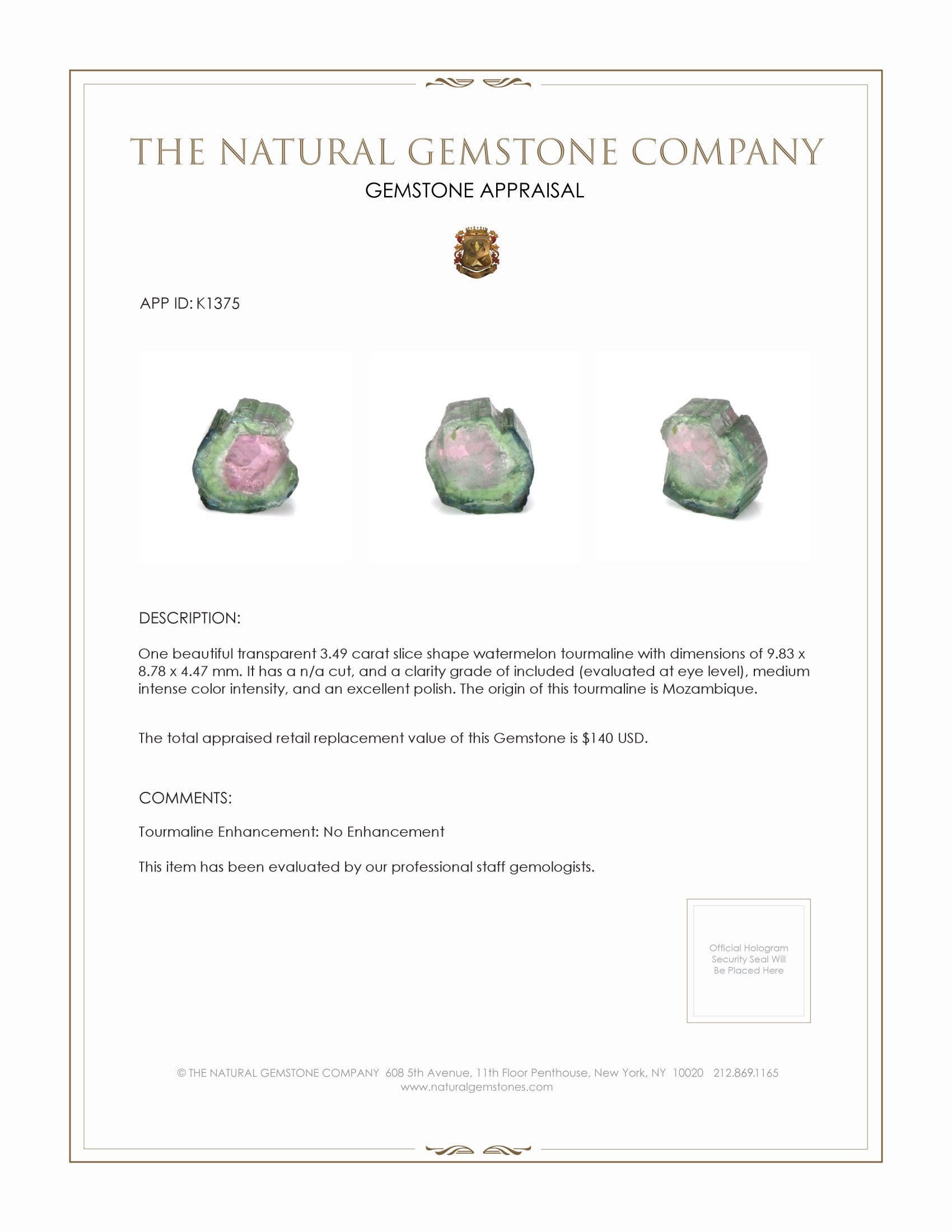 3.49 Ct. Tourmaline from Mozambique