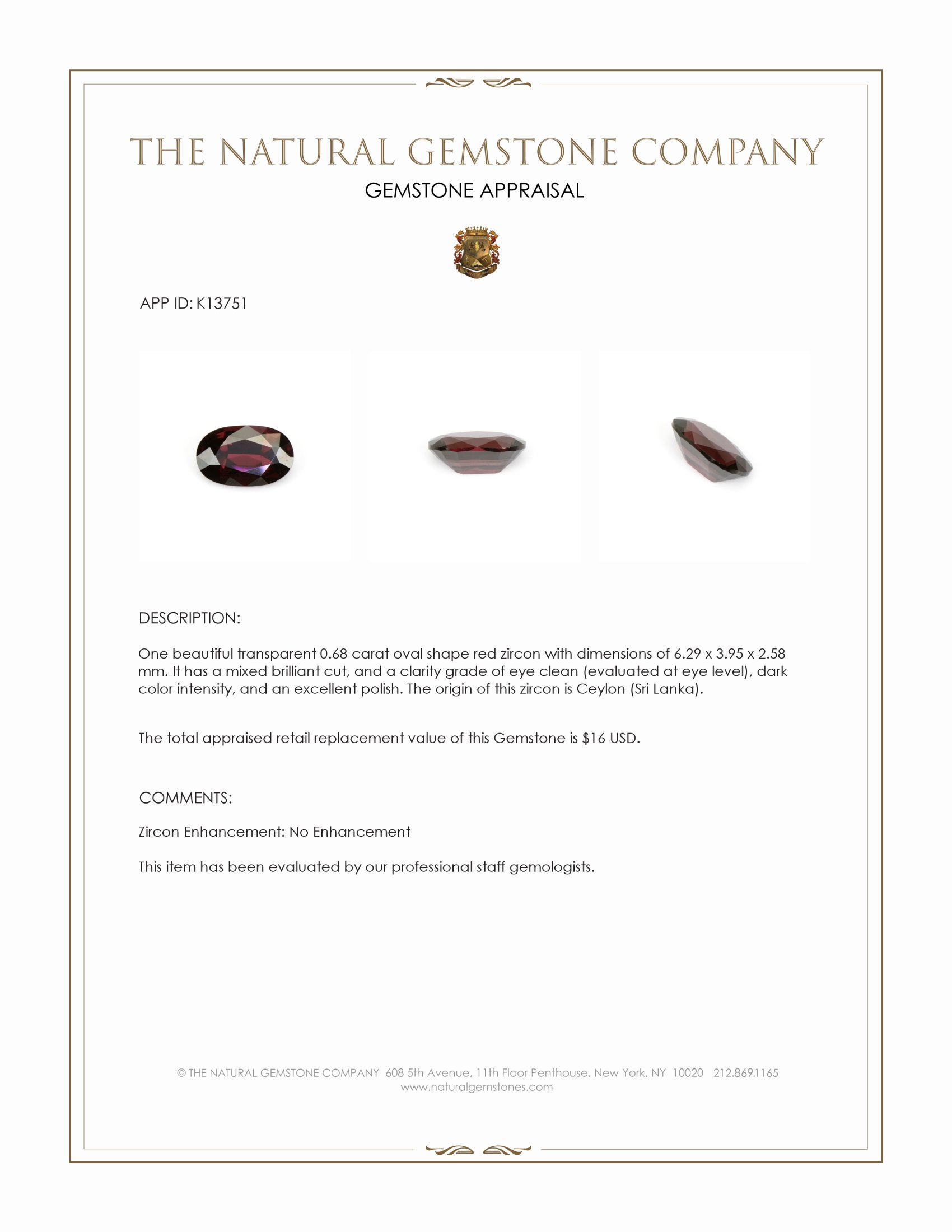 0.68 Ct. Red Zircon from Ceylon (Sri Lanka)