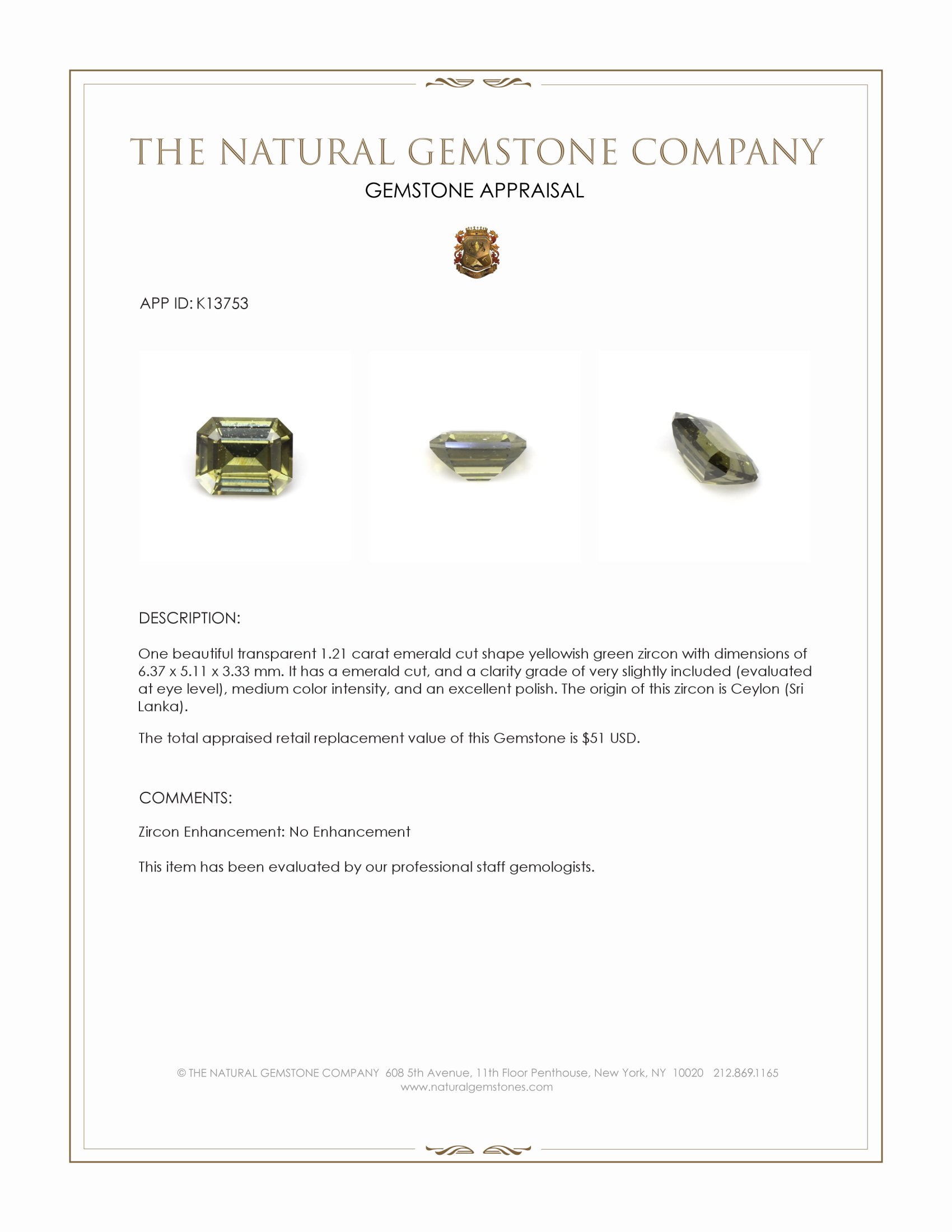 1.21 Ct. Yellowish Green Zircon from Ceylon (Sri Lanka)