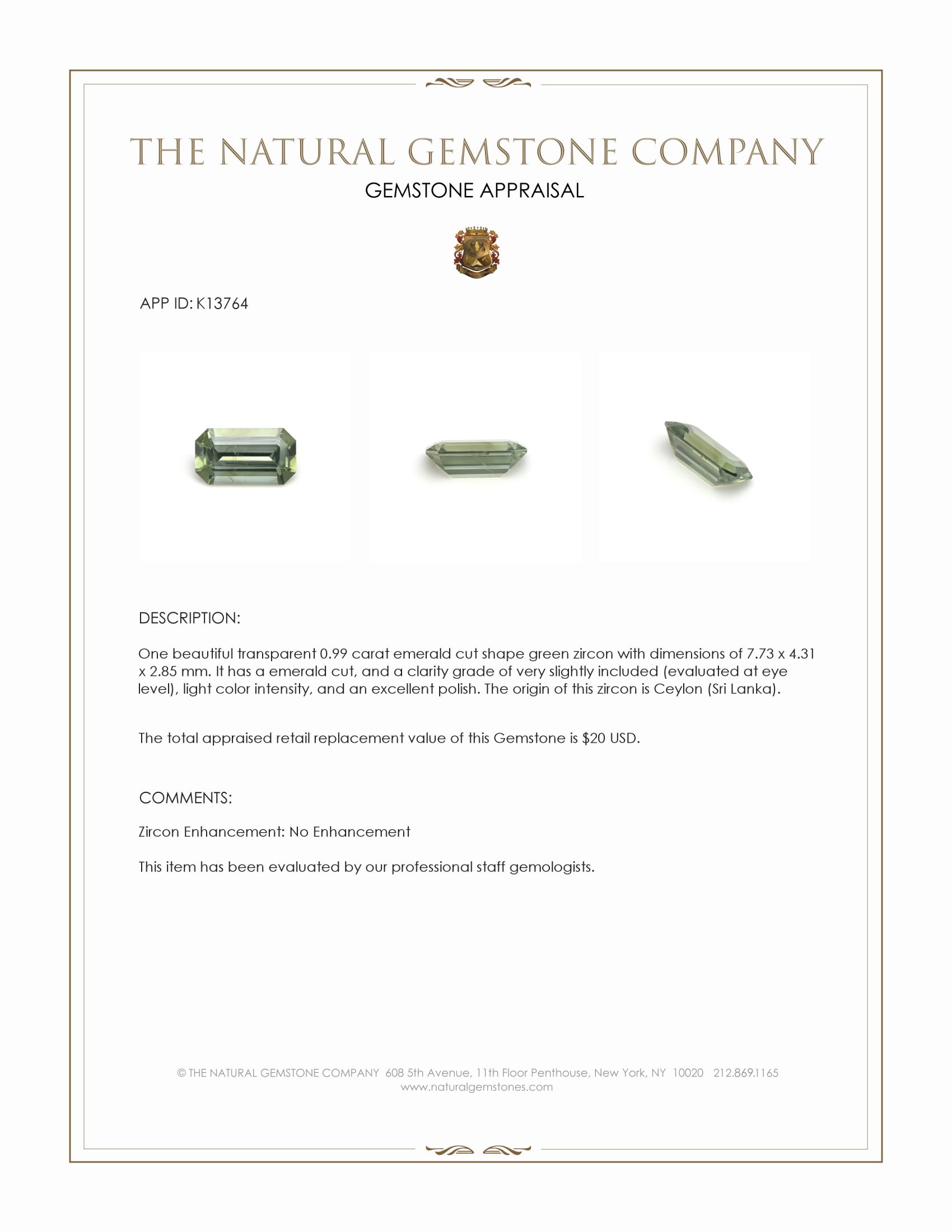 0.99 Ct. Green Zircon from Ceylon (Sri Lanka)