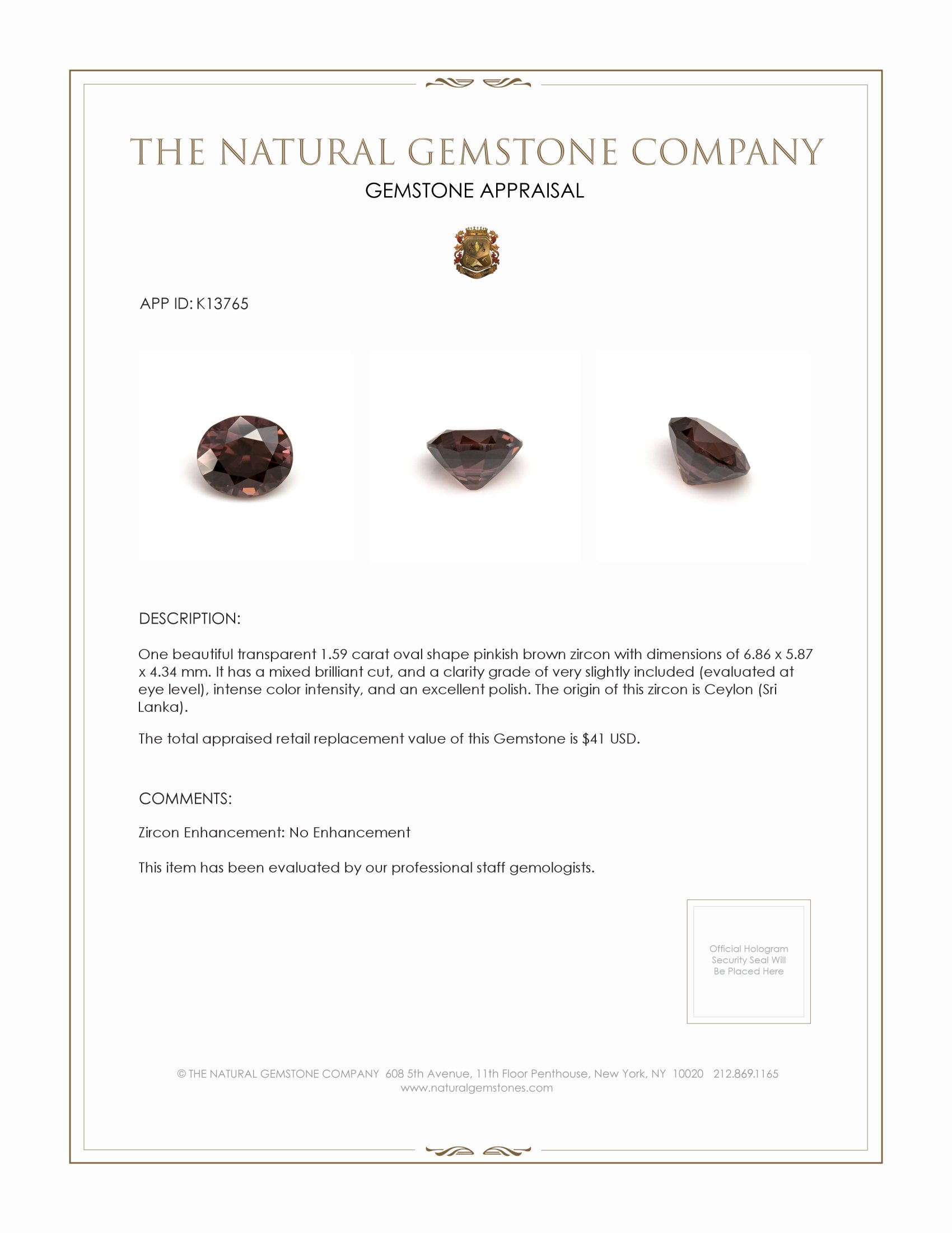 1.59 Ct. Pinkish Brown Zircon from Ceylon (Sri Lanka)