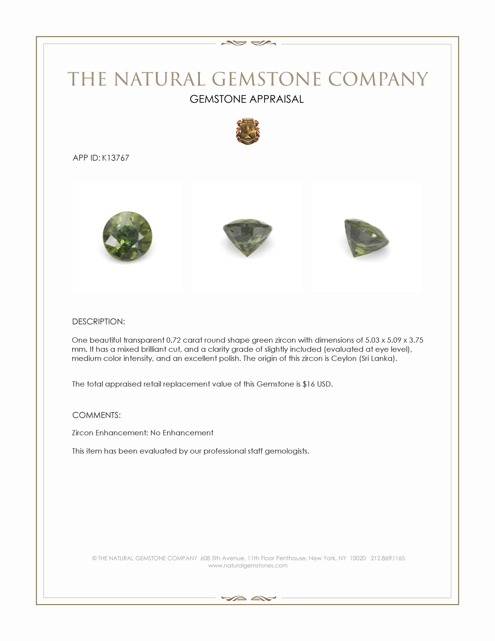 0.72 Ct. Green Zircon from Ceylon (Sri Lanka)