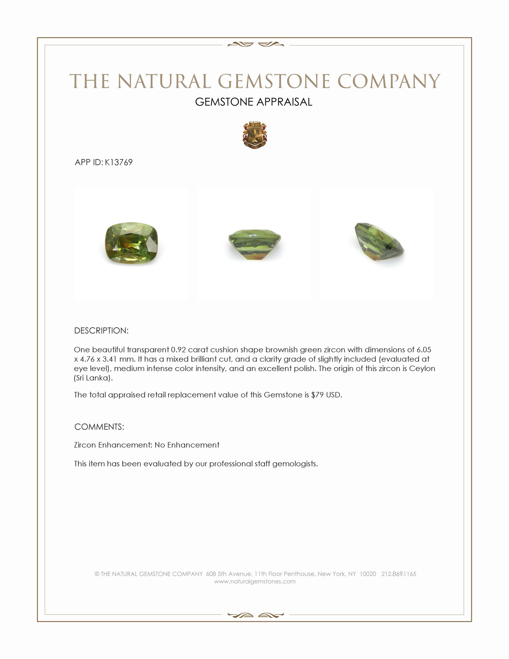 0.92 Ct. Zircon from Ceylon (Sri Lanka)