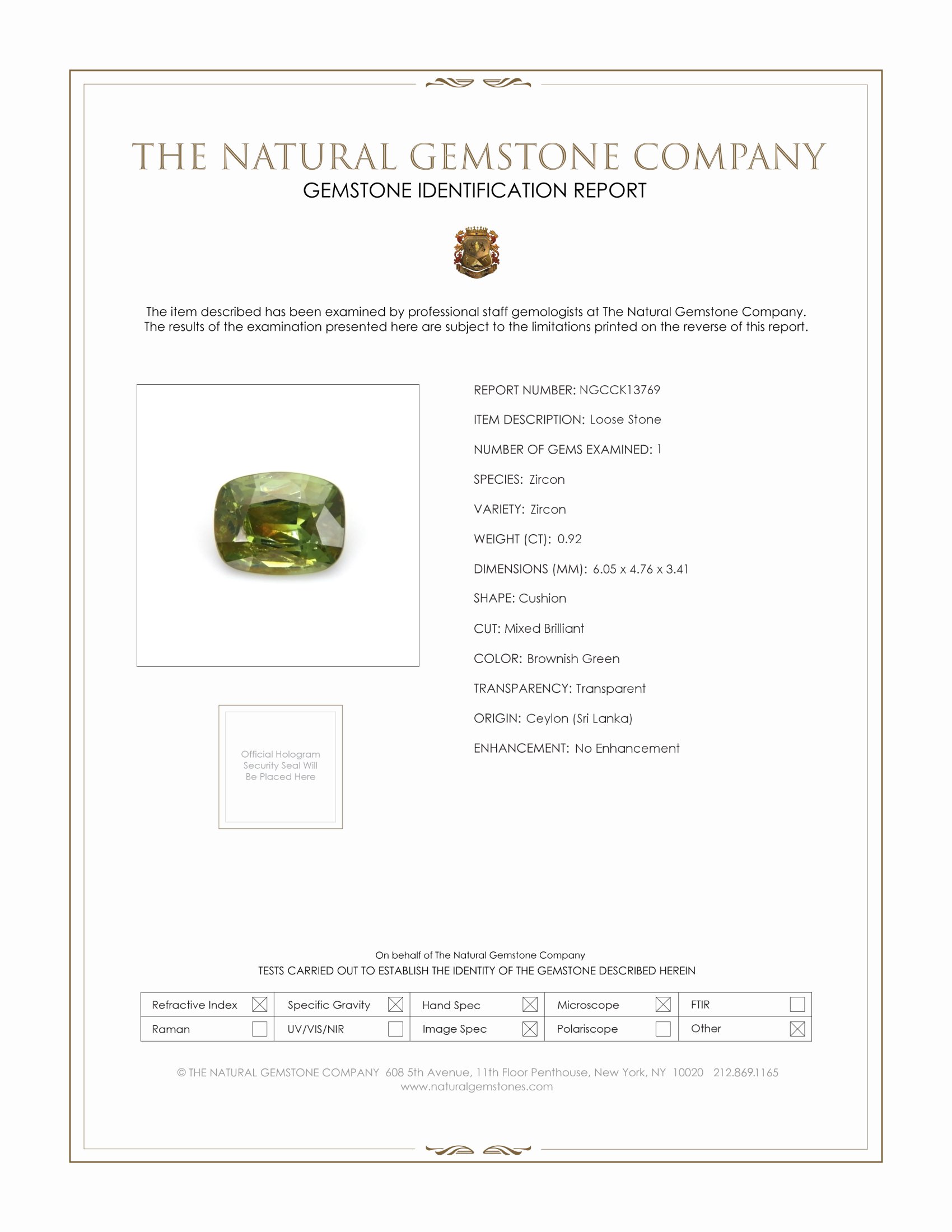 0.92 Ct. Brownish Green Zircon from Ceylon (Sri Lanka)