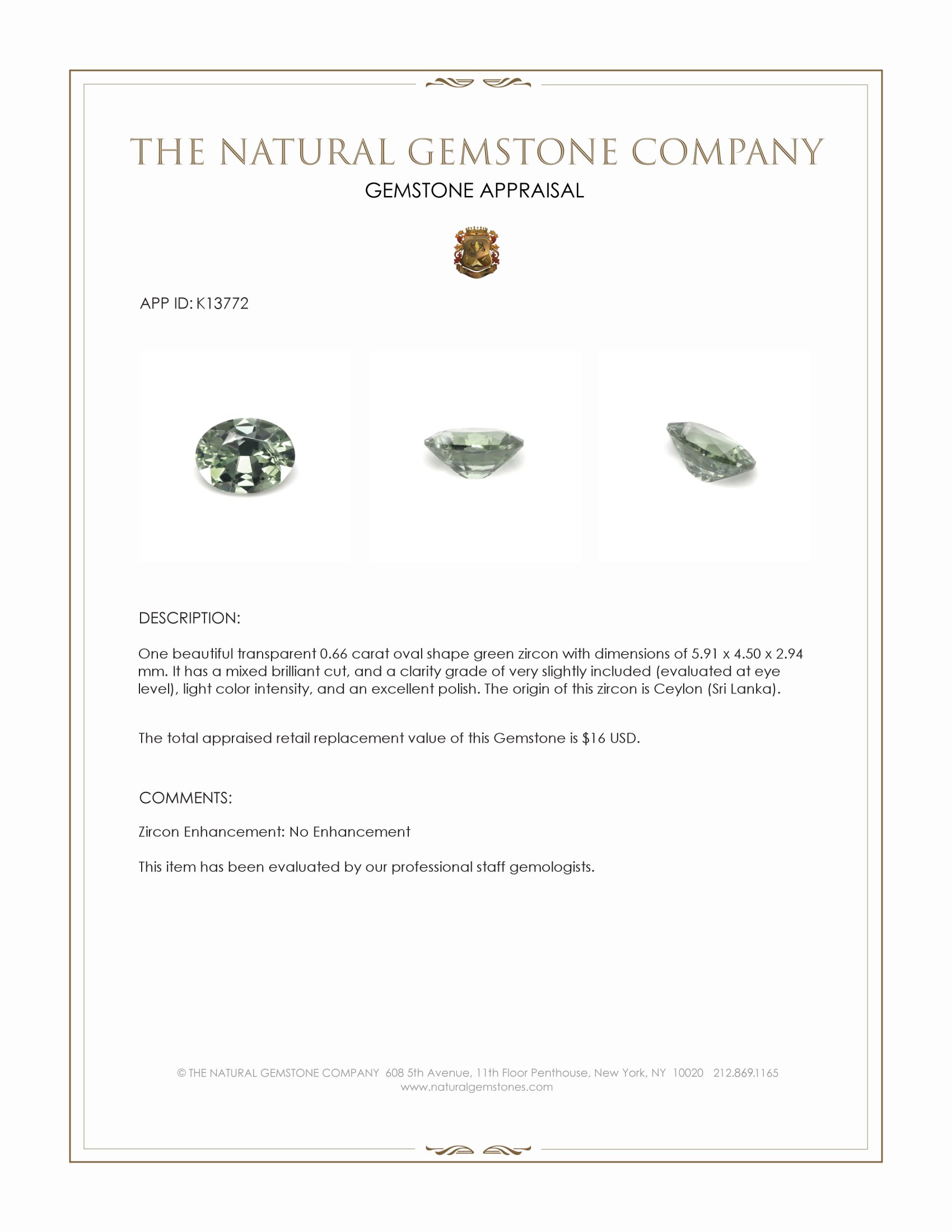 0.66 Ct. Green Zircon from Ceylon (Sri Lanka)