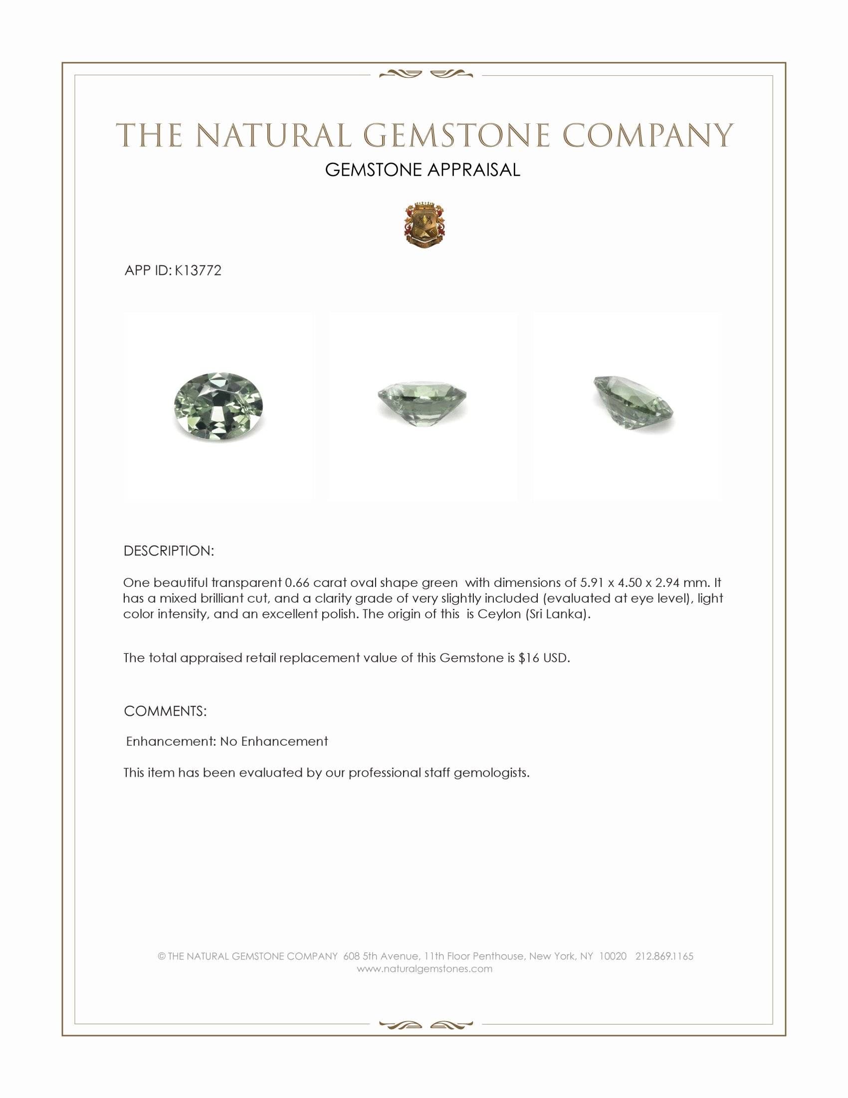 0.66 Ct. Green Zircon from Ceylon (Sri Lanka)