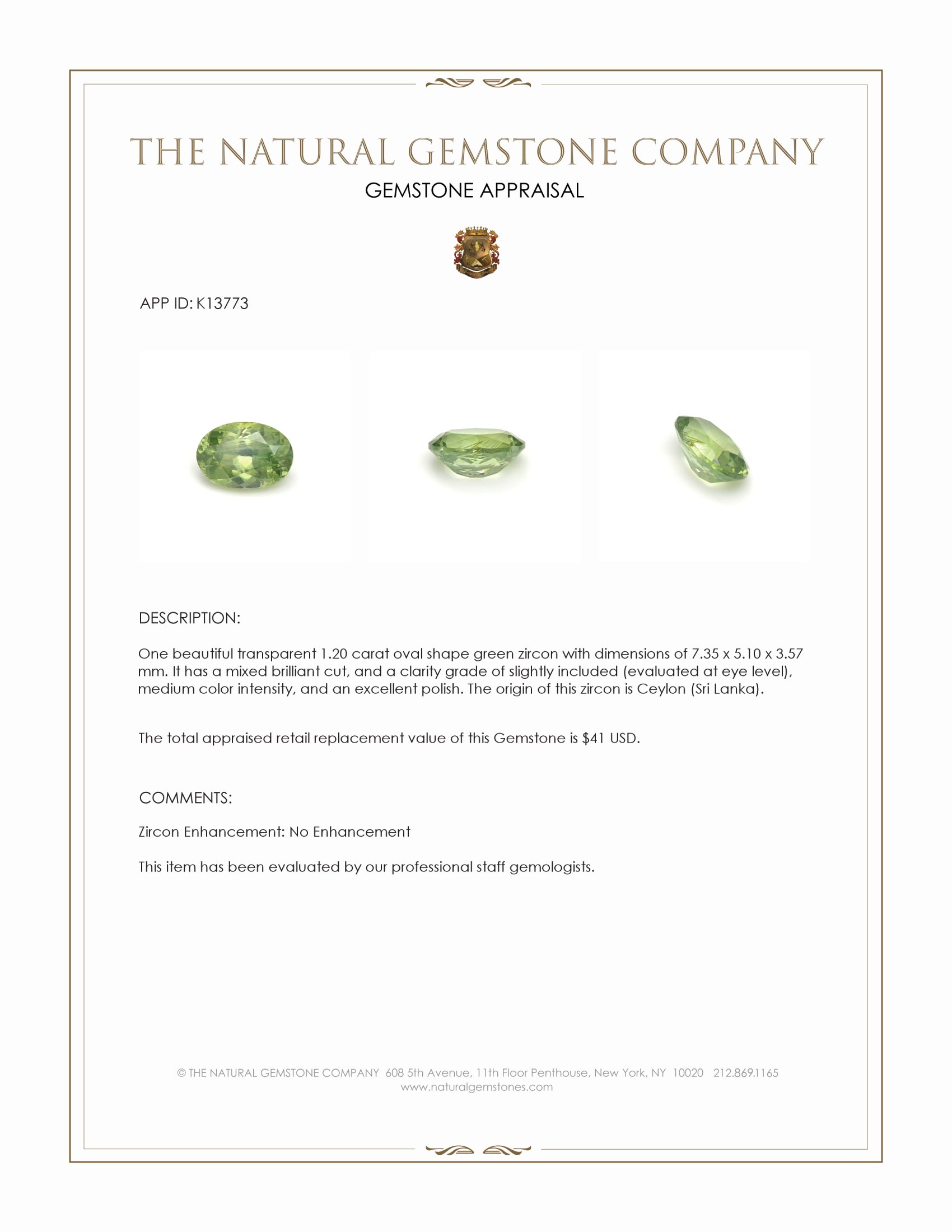 1.20 Ct. Green Zircon from Ceylon (Sri Lanka)