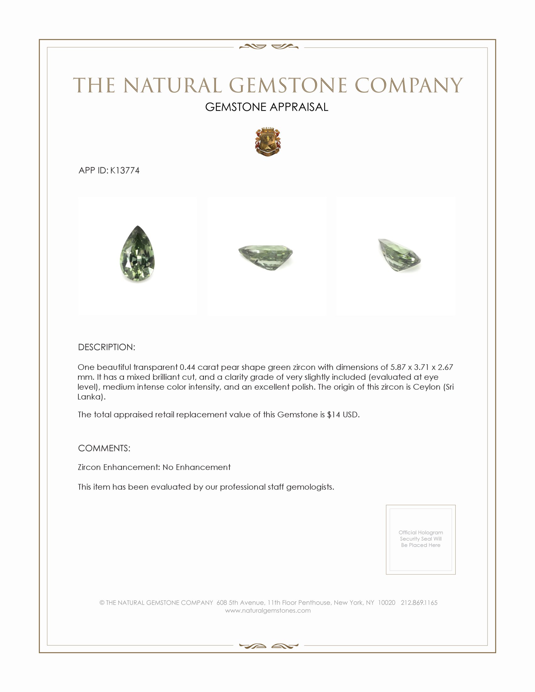 0.44 Ct. Green Zircon from Ceylon (Sri Lanka)