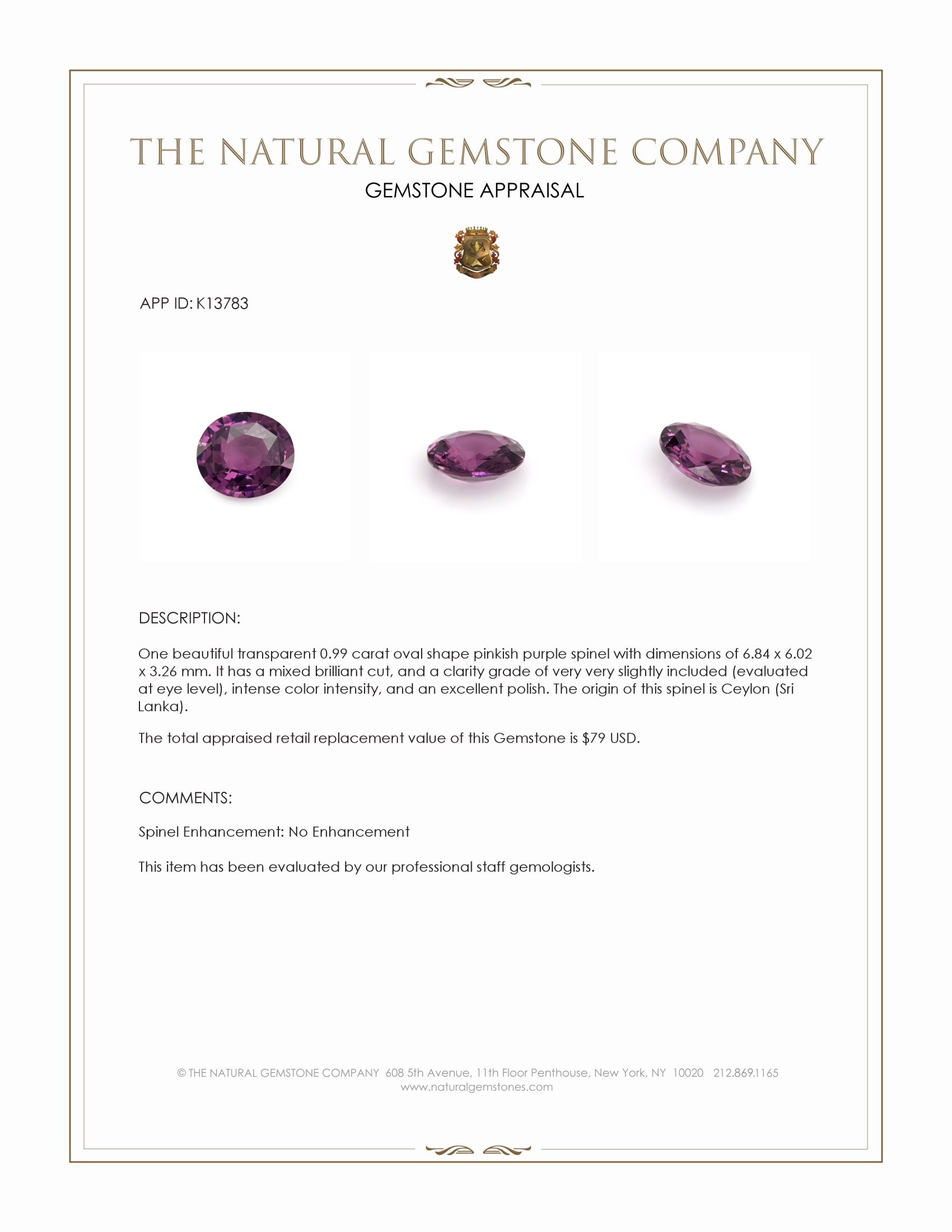 0.99 Ct. Pinkish Purple Spinel from Ceylon (Sri Lanka)