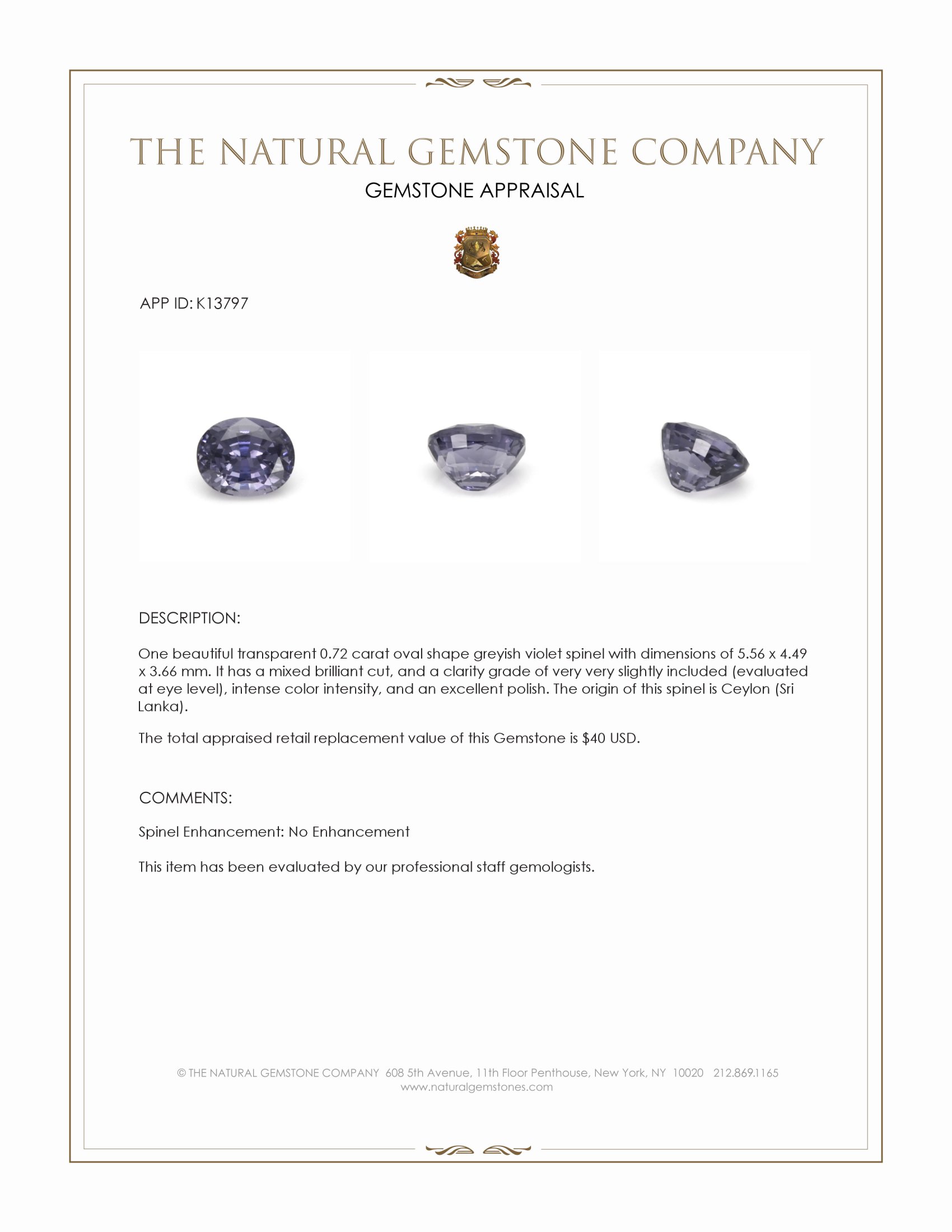 0.72 Ct. Greyish Violet Spinel from Ceylon (Sri Lanka)