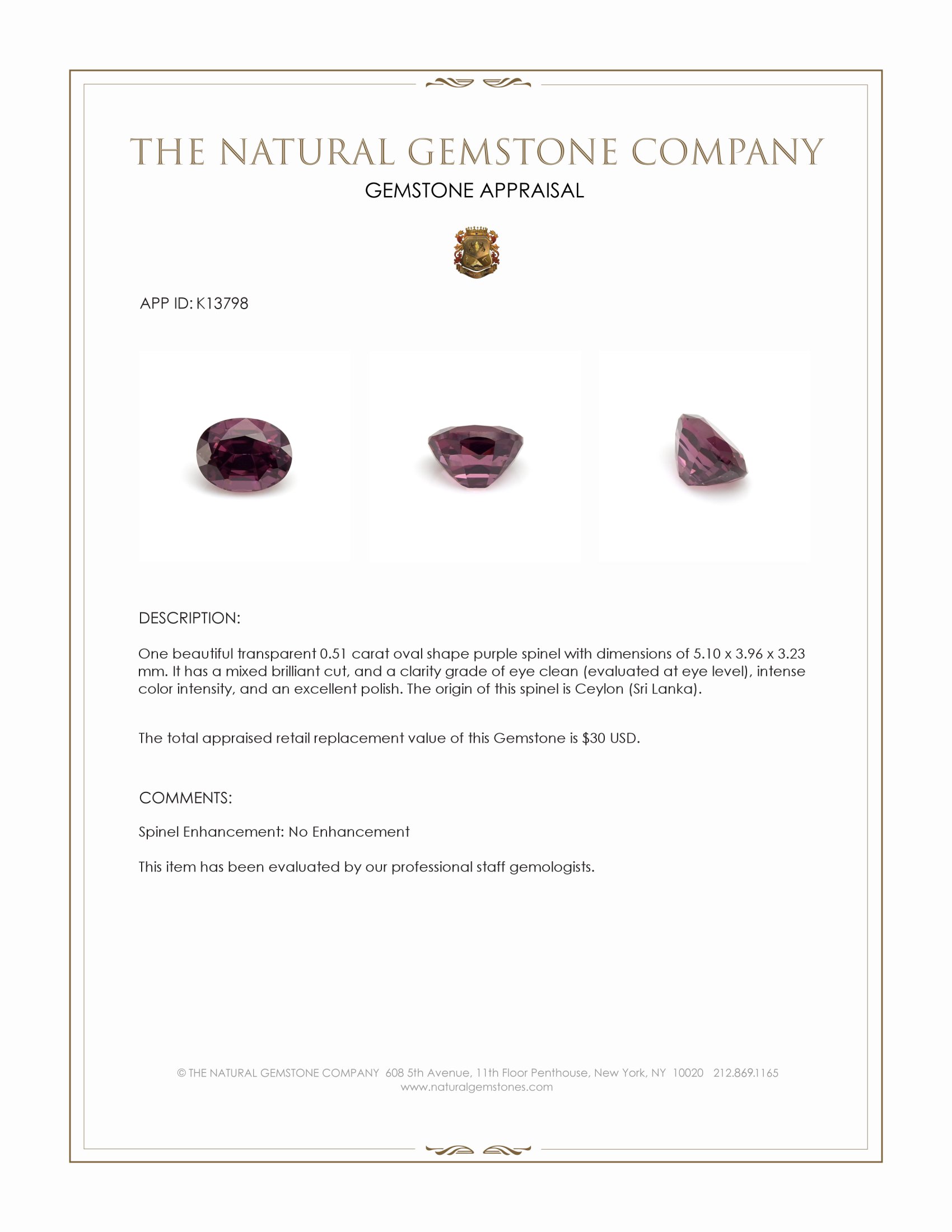 0.51 Ct. Purple Spinel from Ceylon (Sri Lanka)