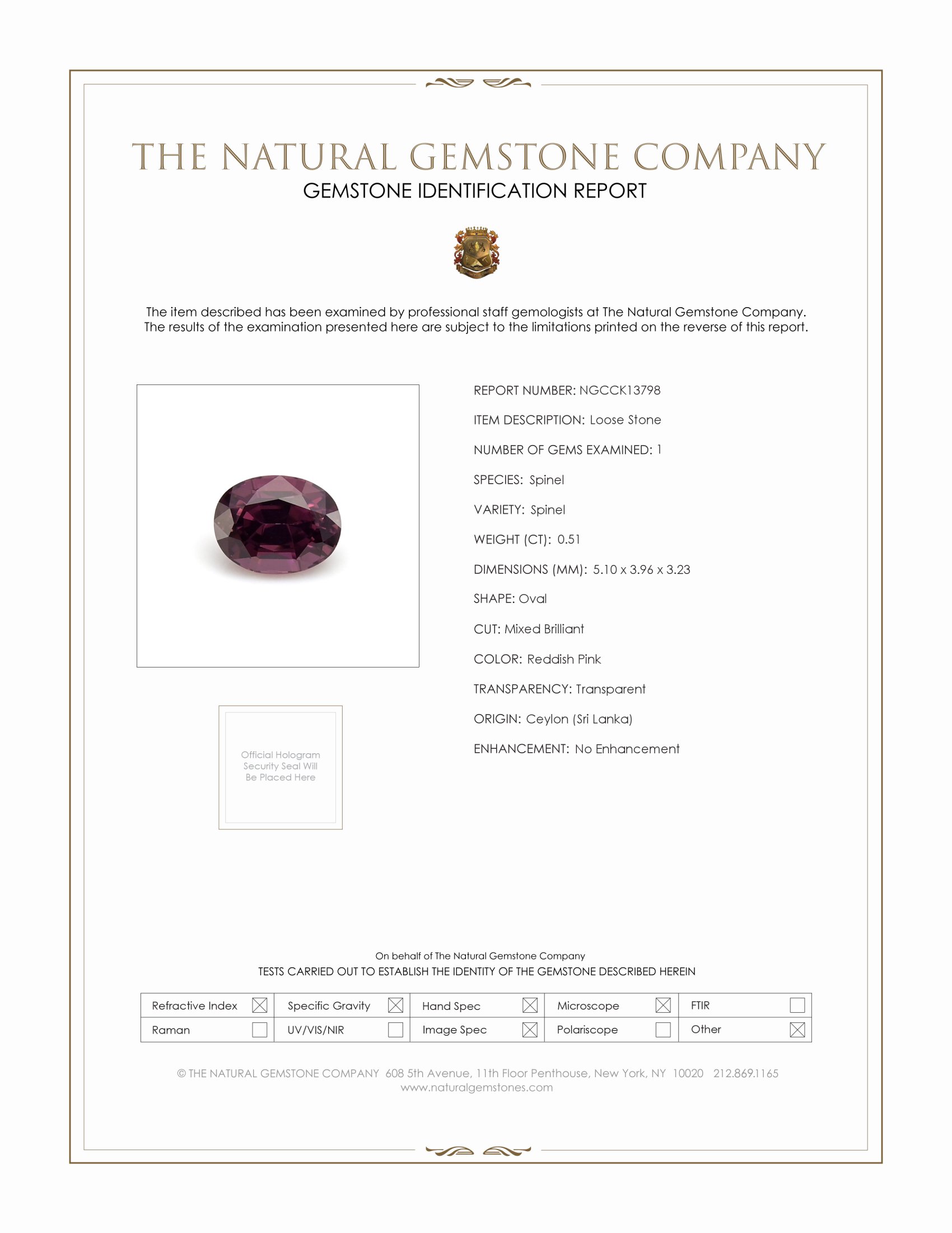 0.51 Ct. Reddish Pink Spinel from Ceylon (Sri Lanka)