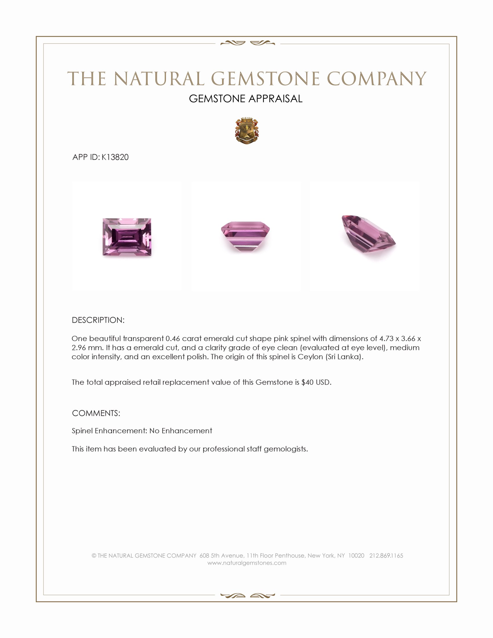 0.46 Ct. Pink Spinel from Ceylon (Sri Lanka)