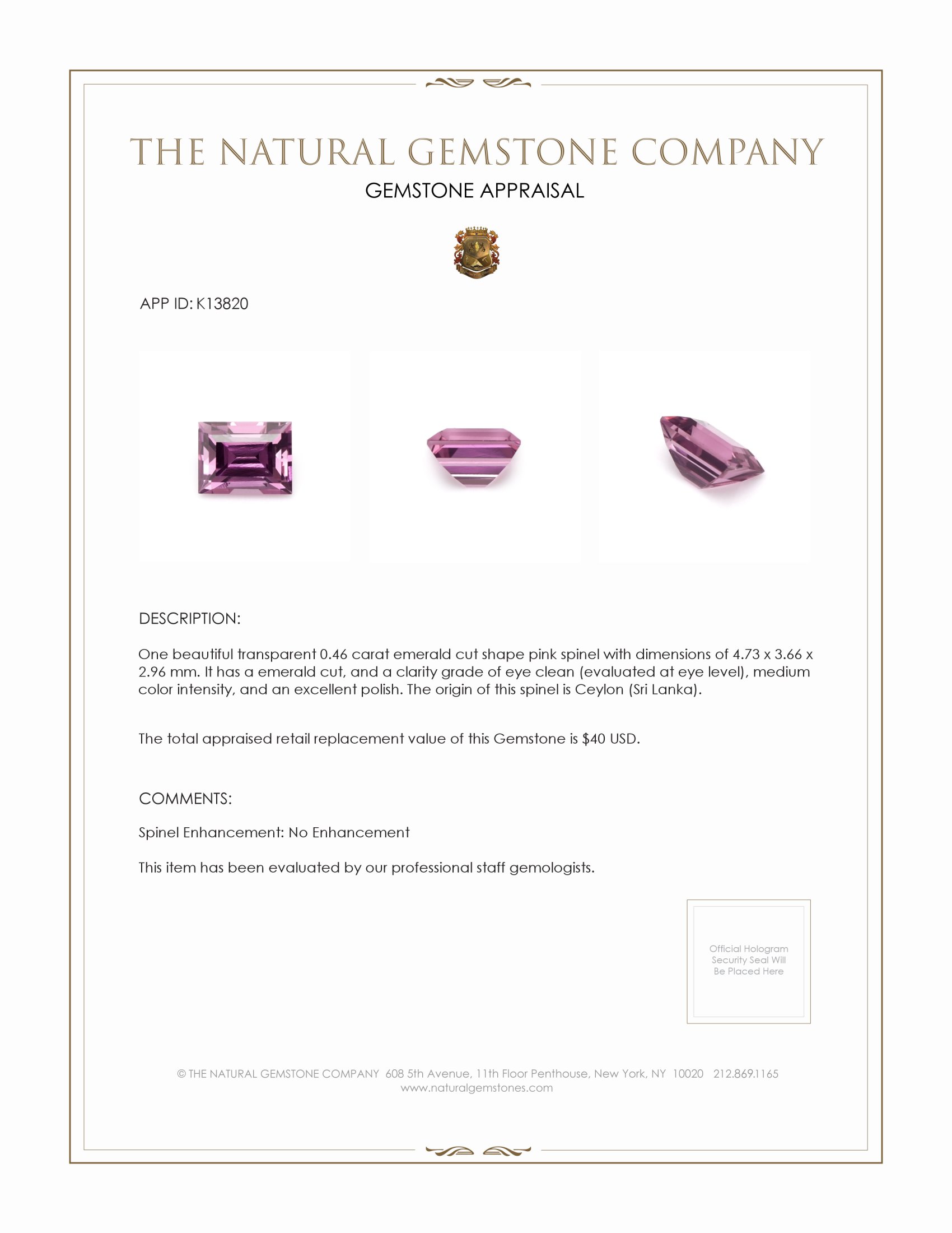 0.46 Ct. Spinel from Ceylon (Sri Lanka)