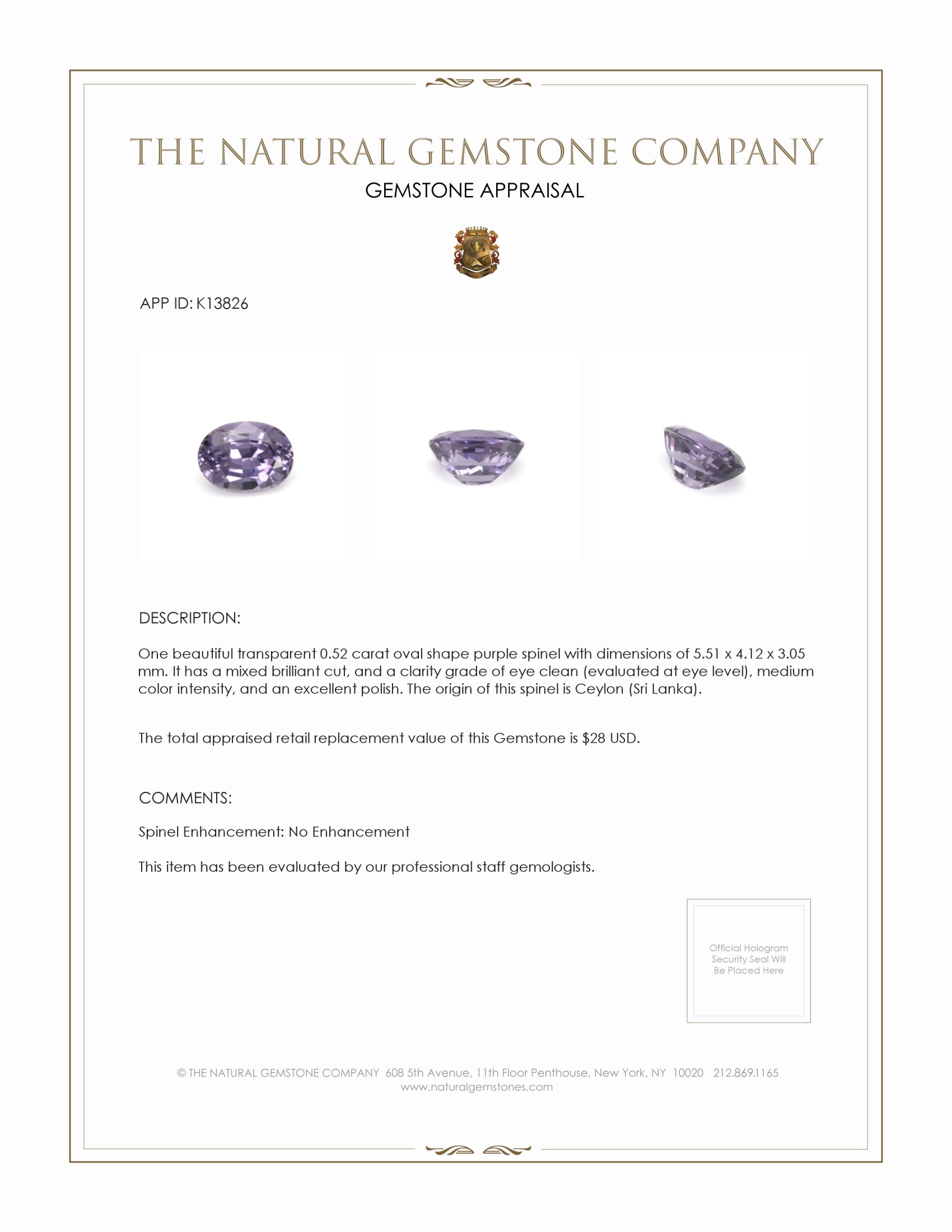 0.52 Ct. Spinel from Ceylon (Sri Lanka)