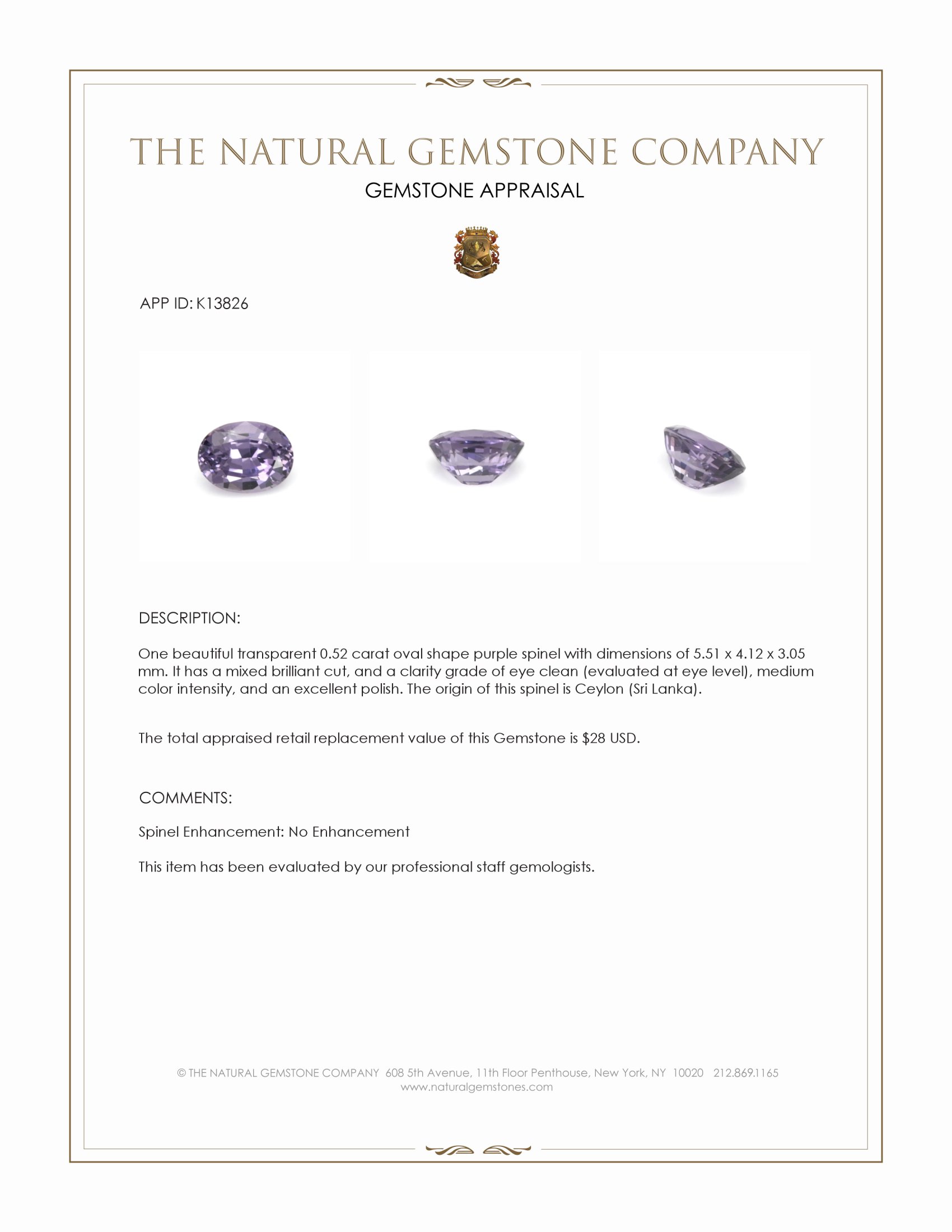 0.52 Ct. Purple Spinel from Ceylon (Sri Lanka)