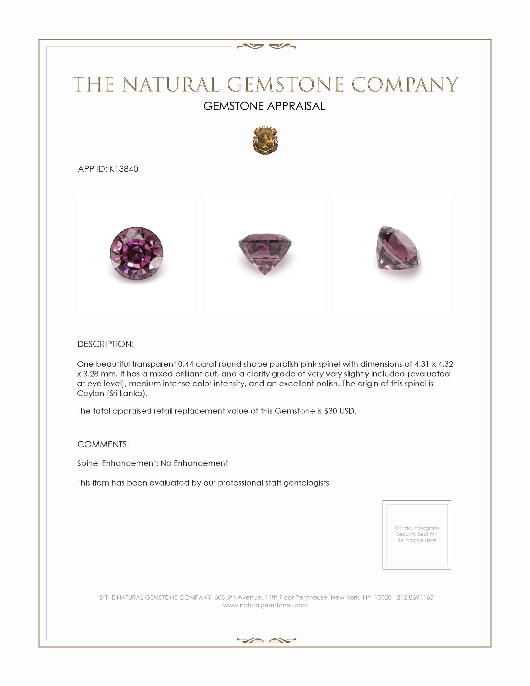 0.44 Ct. Spinel from Ceylon (Sri Lanka)