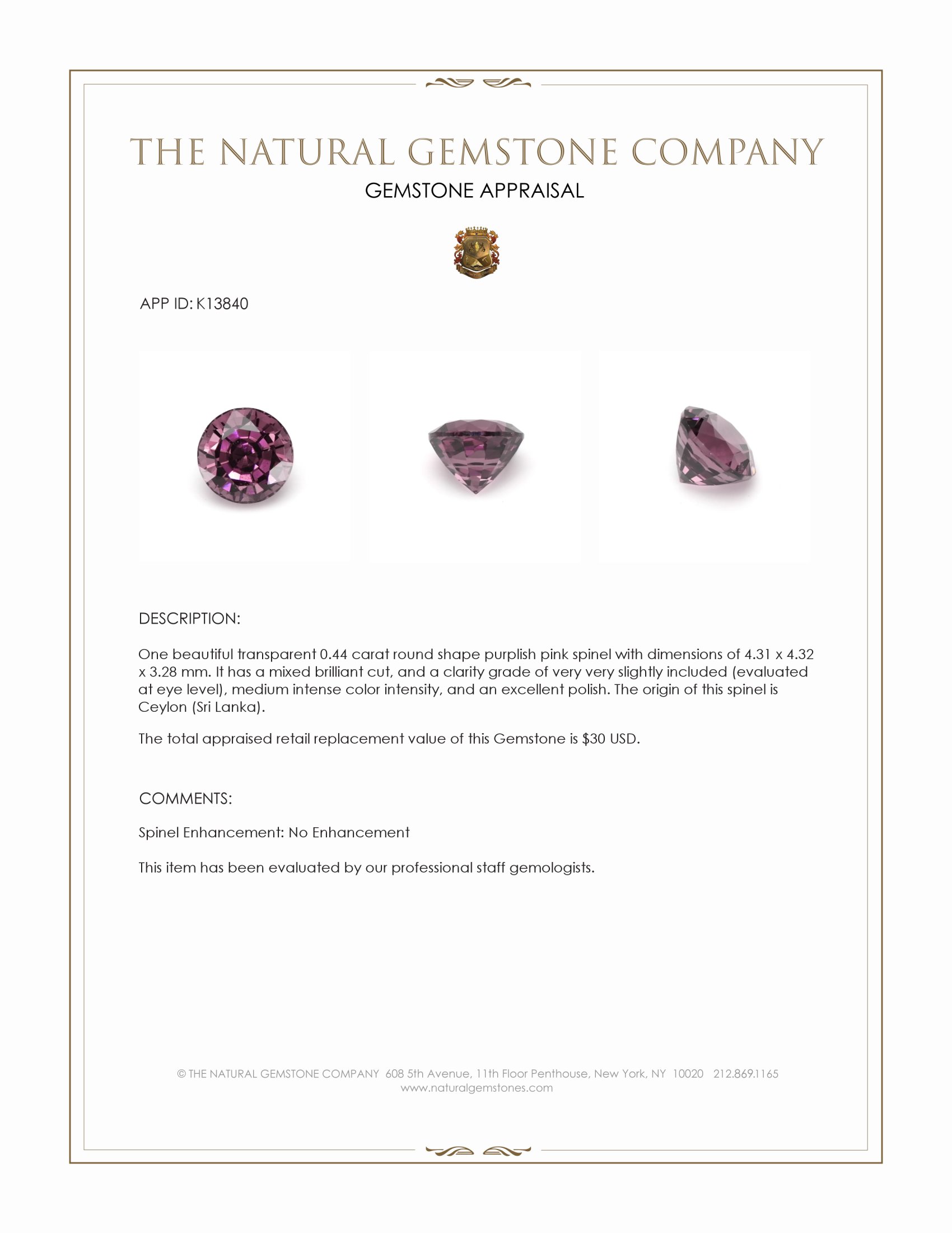 0.44 Ct. Spinel from Ceylon (Sri Lanka)