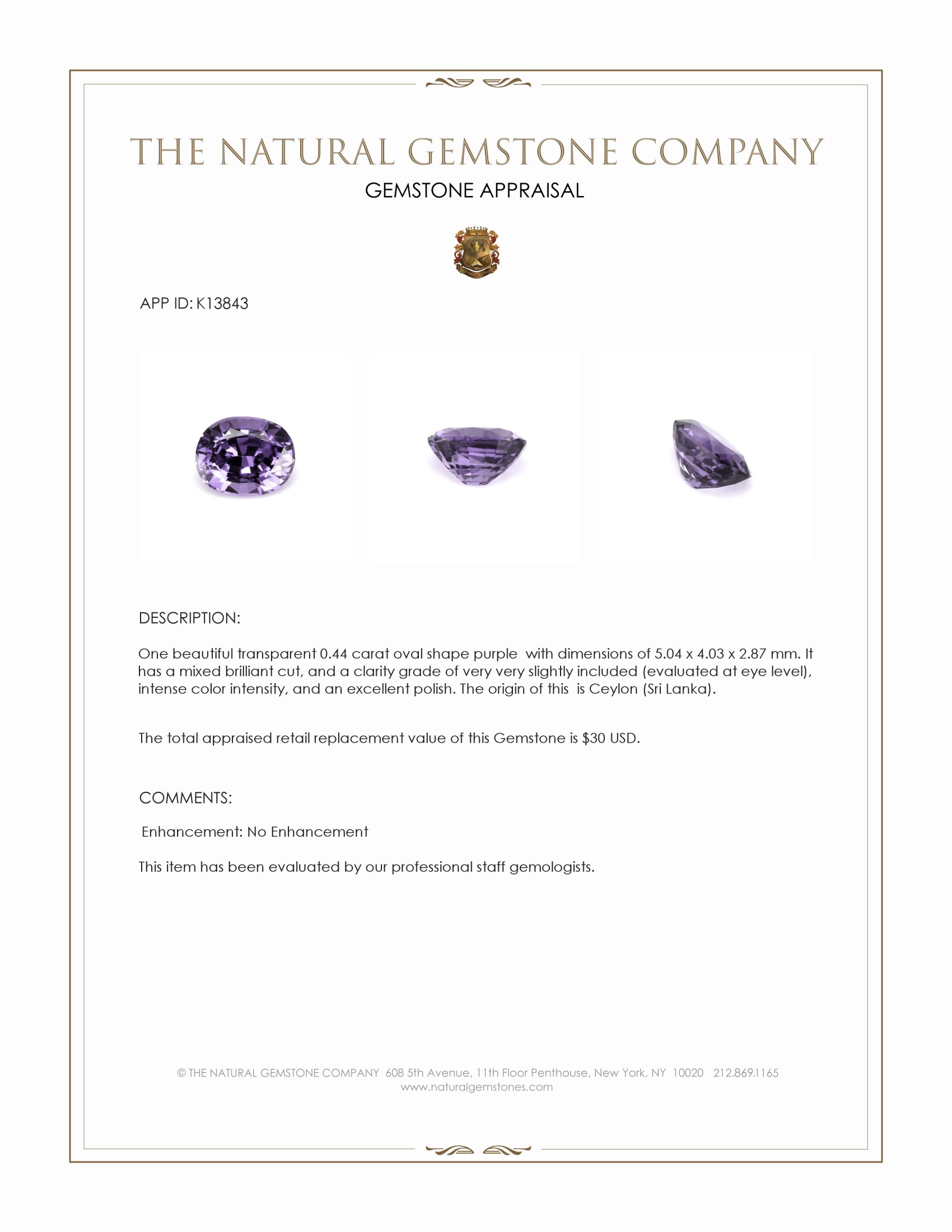 0.44 Ct. Purple Spinel from Ceylon (Sri Lanka)